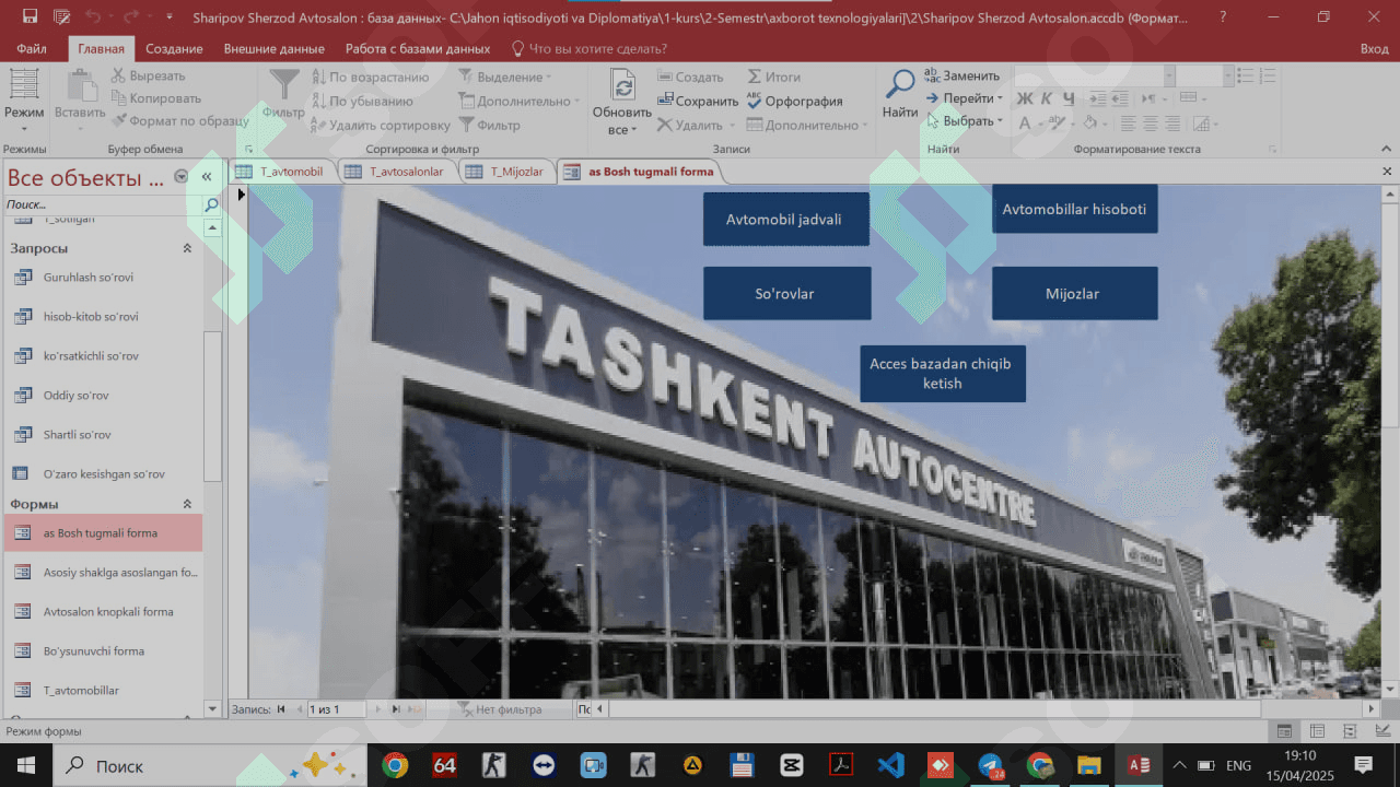 MS accessda ma'lumotlar bazasi yaratish "Avtosalon" mavzusida.