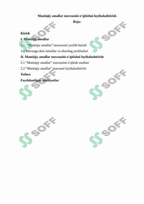 Mantiqiy amallar mavzusini o’qitishni loyihalashtirish