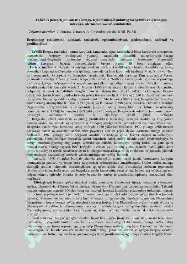 Sodda patogen jonivorlar. Bezgak, leshmanyoz. Zamburuglar keltirib chiqaruvchi kasalliklar. Dermatomikozlar, Kandidozlar