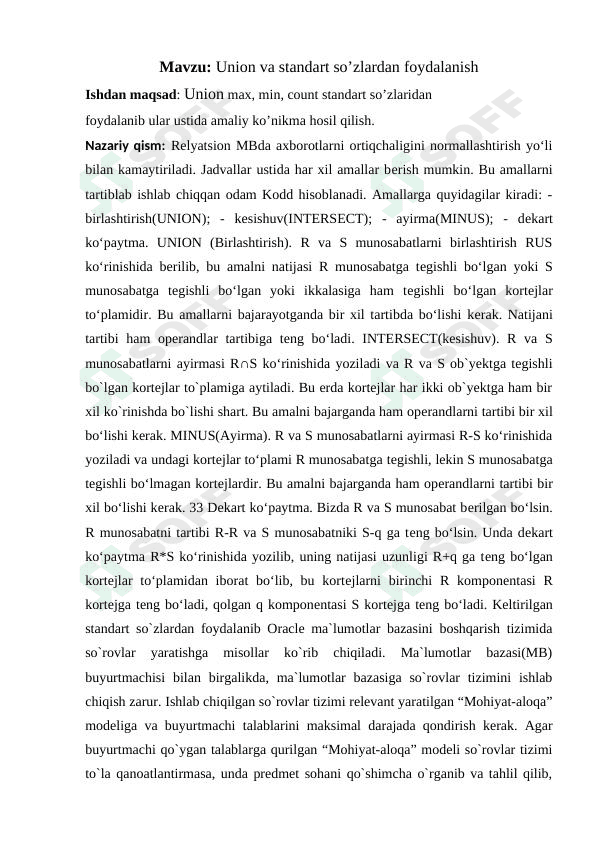 Union va standart so’zlardan foydalanish