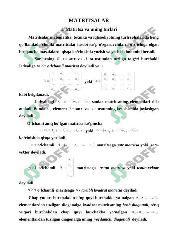MATRITSALAR. MATEMATIKADA MATRITSA