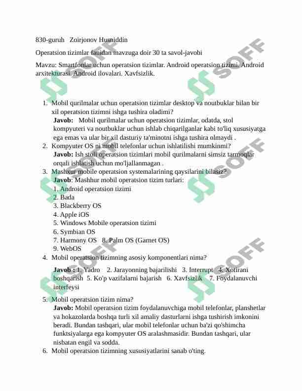 Mobil Operatsion tizimlari haqida savol javoblar