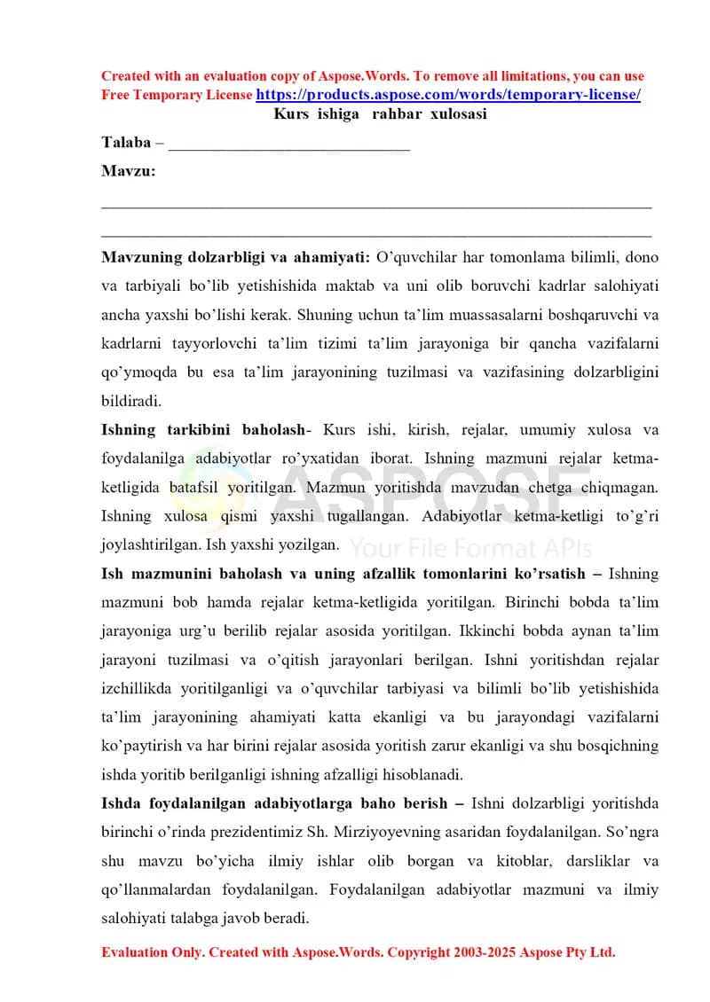 Kurs  ishiga   rahbar  xulosasi shablon