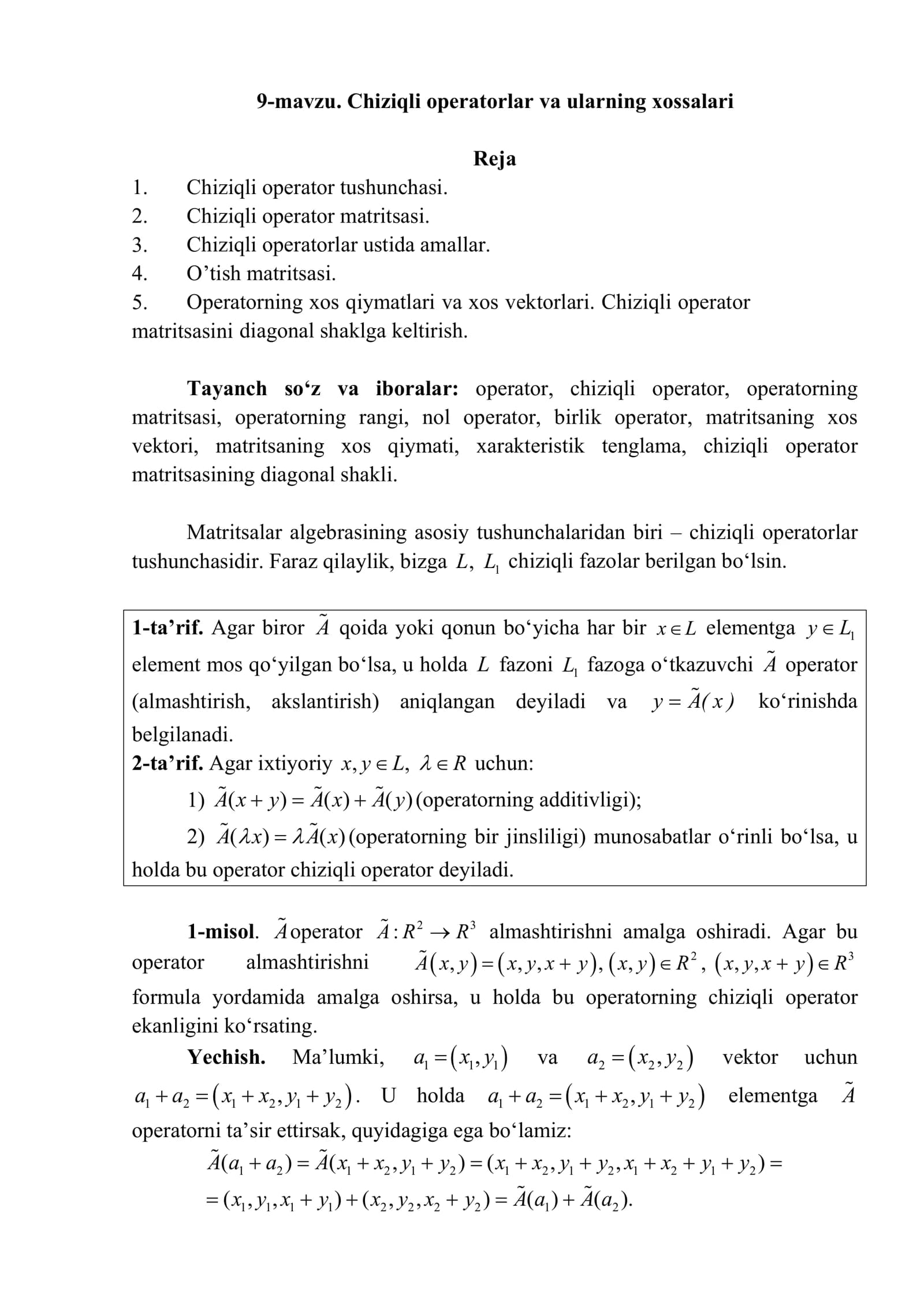 9-mavzu. Chiziqli operatorlar va ularning xossalari
