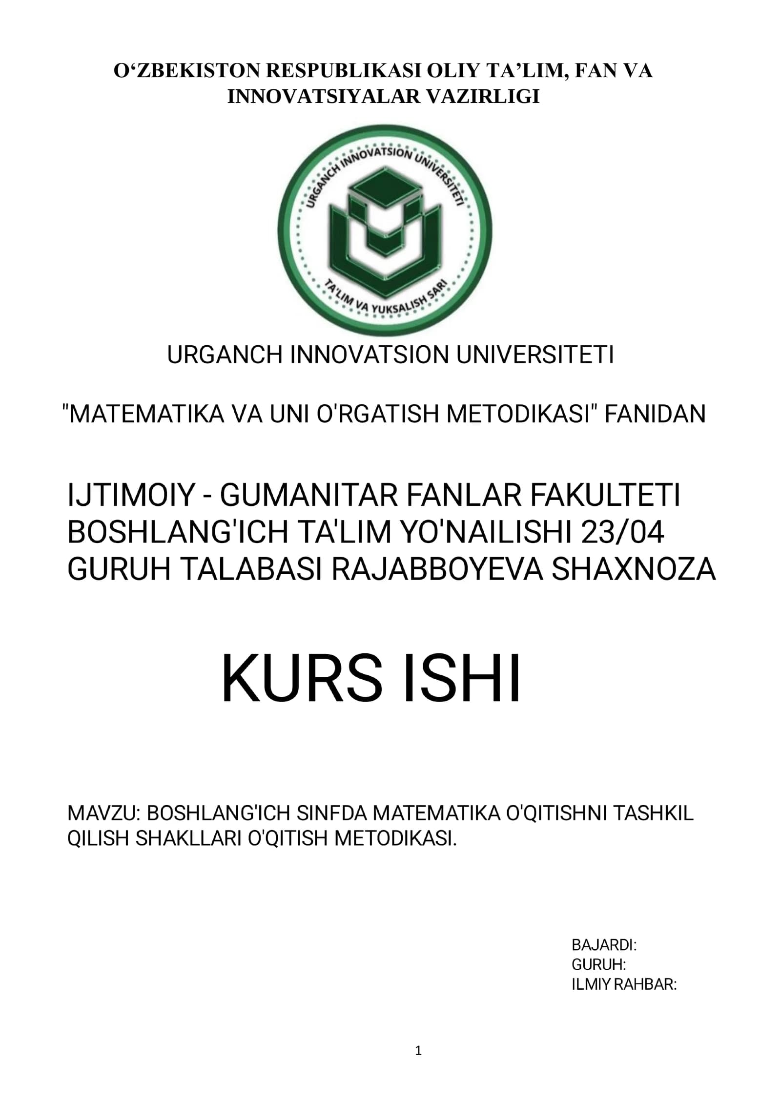 BOSHLANGʻICH SINF O‘QUVCHILARINING YOSH XUSUSIYATLARI VA MATEMATIK TAYYORLIK HOLATI