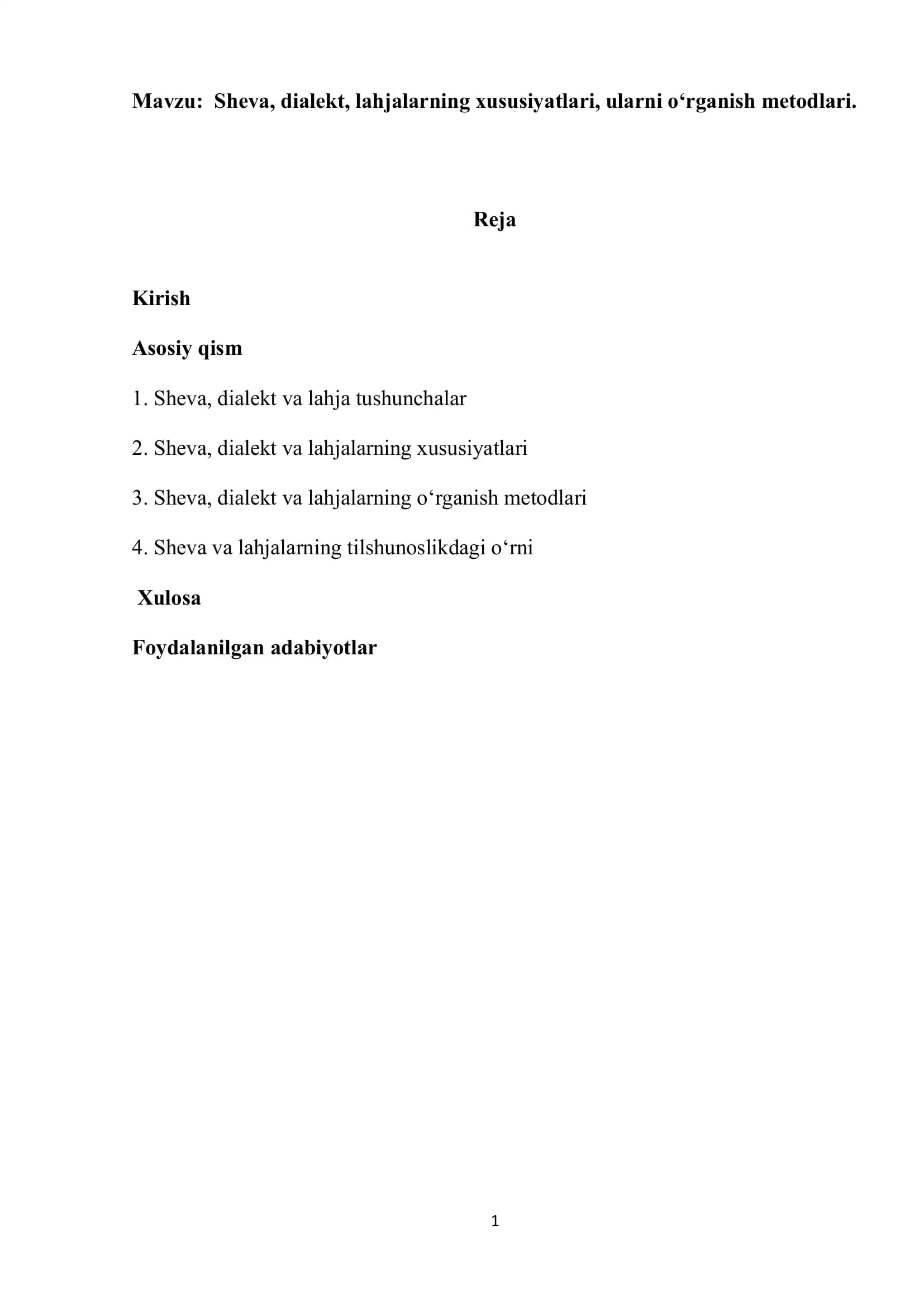Sheva, dialekt, lahjalarning xususiyatlari, ularni o‘rganish metodlari