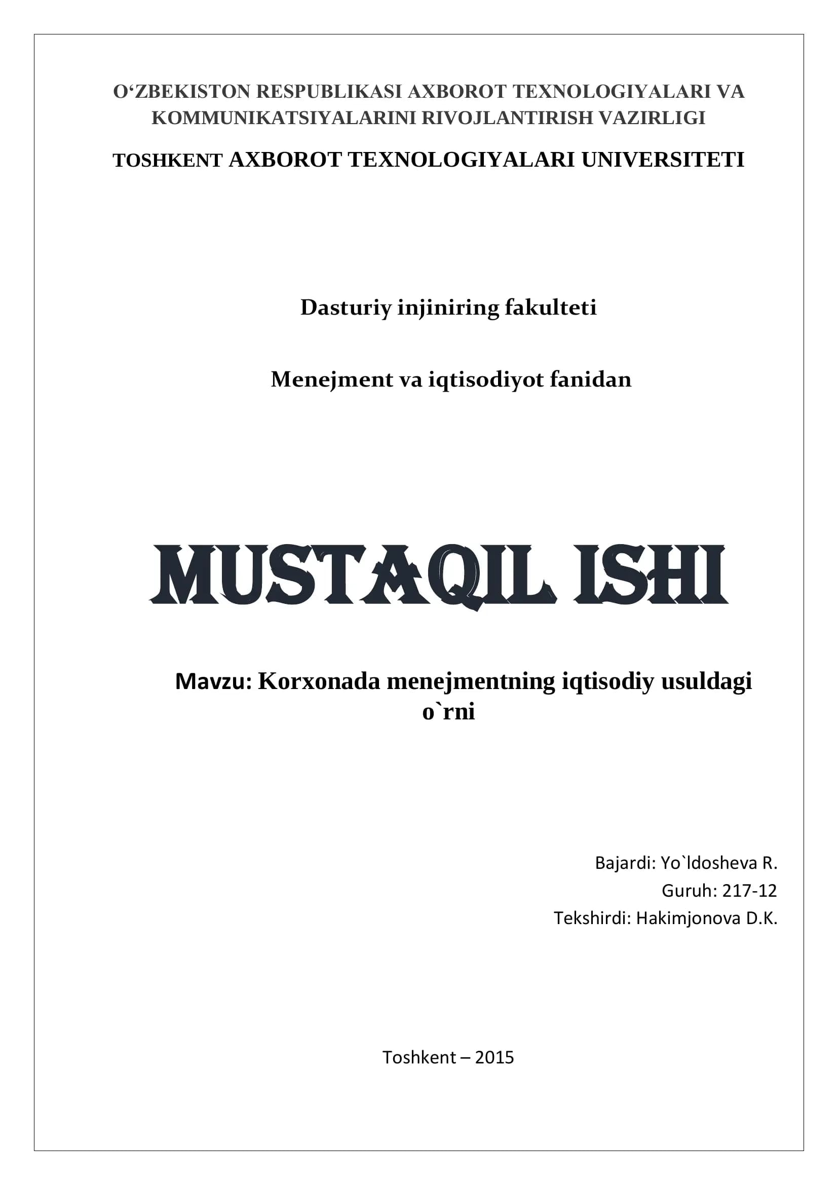 Menejmentning Iqtisodiy Usullari