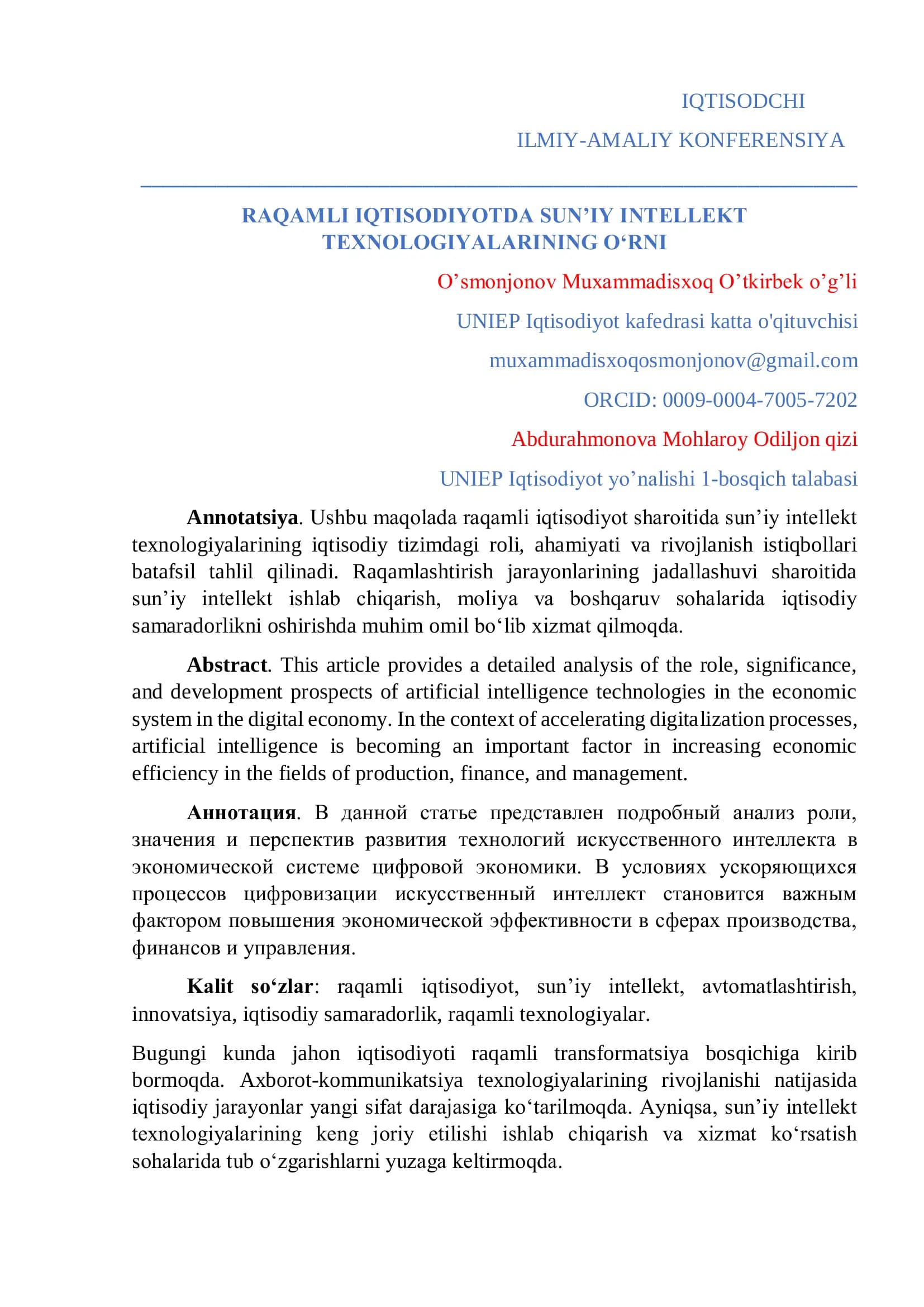 RAQAMLI IQTISODIYOTDA SUN’IY INTELLEKT TEXNOLOGIYALARINING O‘RNI