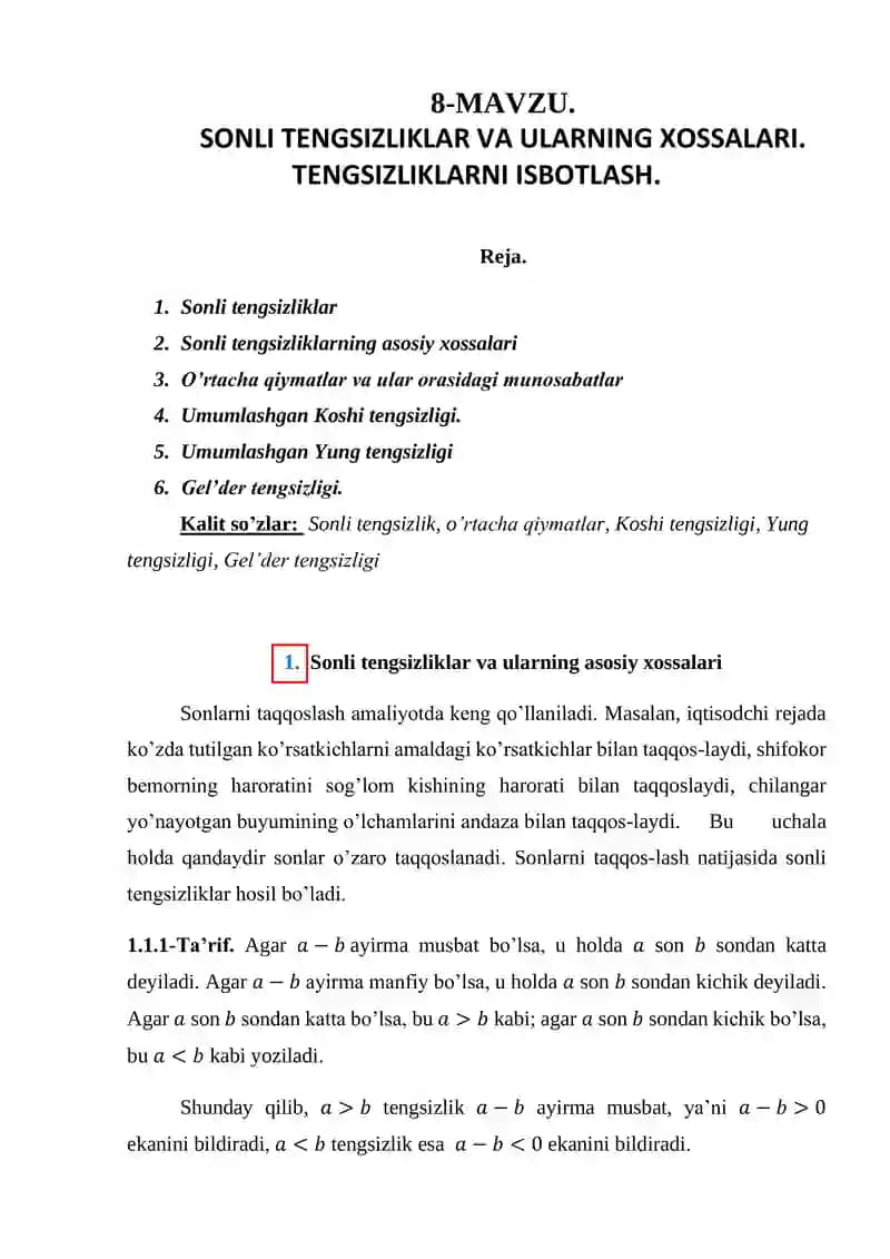 SONLI TENGSIZLIKLAR VA ULARNING XOSSALARI