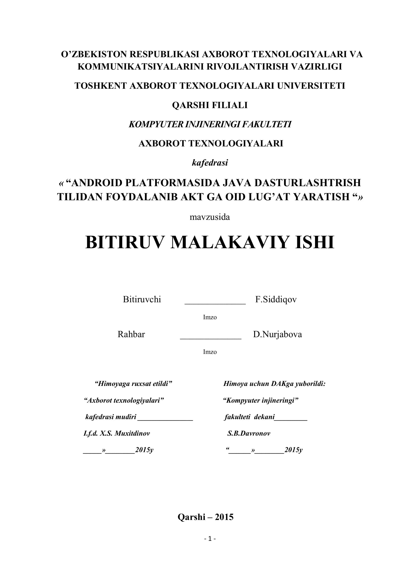 ANDROID PLATFORMASIDA JAVA DASTURLASHTRISH TILIDAN FOYDALANIB AKT GA OID LUG’AT YARATISH