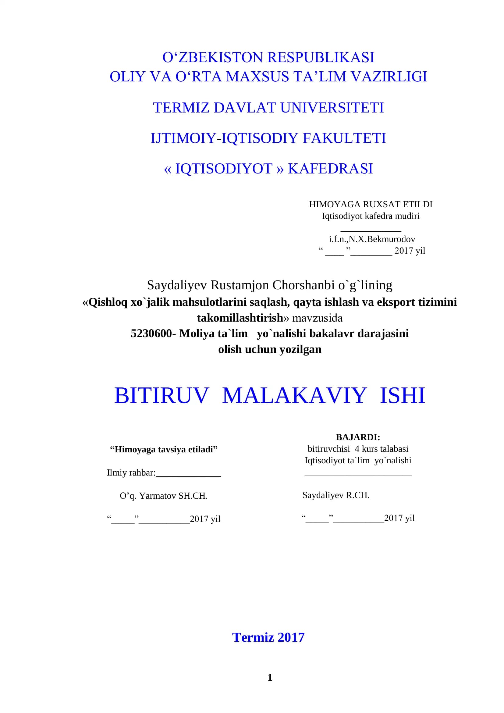 "Qishloq xo`jalik mahsulotlarini saqlash, qayta ishlash va eksport tizimini takomillashtirish" mavzusida BITIRUV MALAKAVIY ISHI