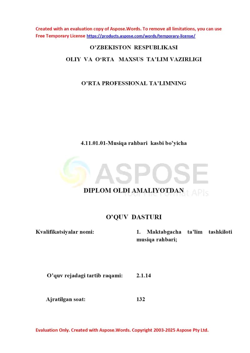 O’quv dasturi – Musiqa rahbari kasbi bo‘yicha diplom oldi amaliyot