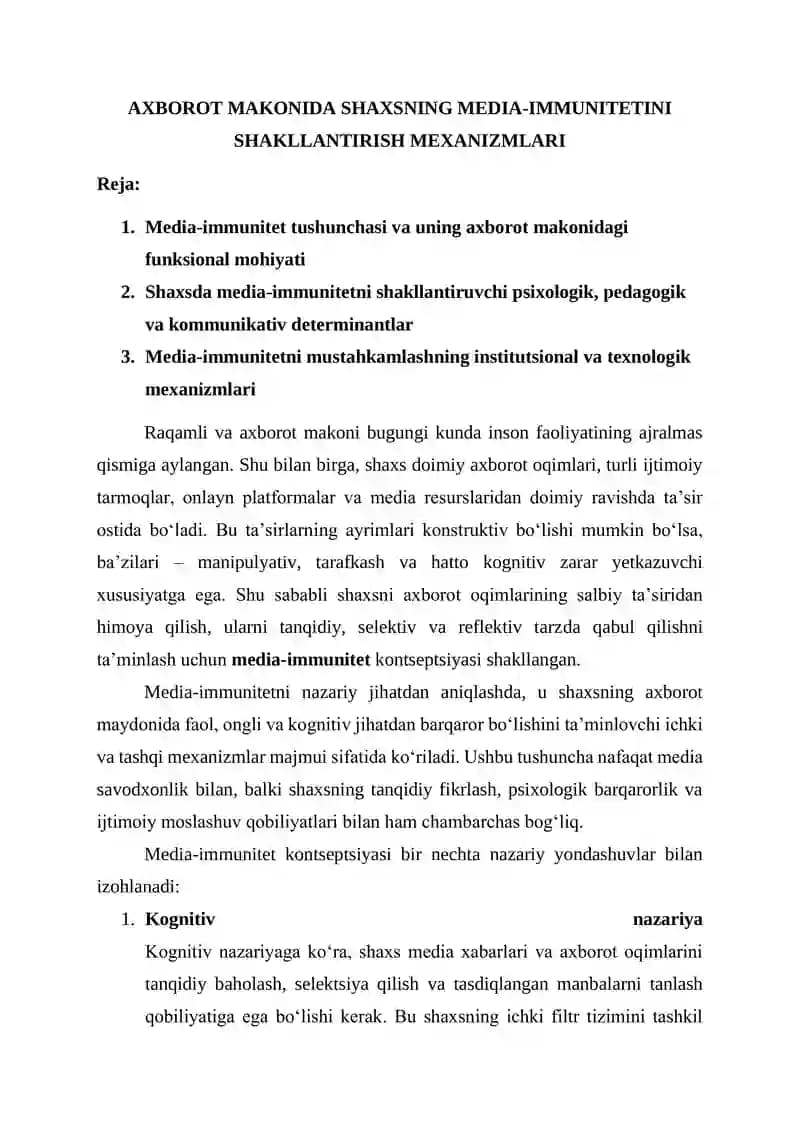AXBOROT MAKONIDA SHAXSNING MEDIA-IMMUNITETINI SHAKLLANTIRISH MEXANIZMLARI
