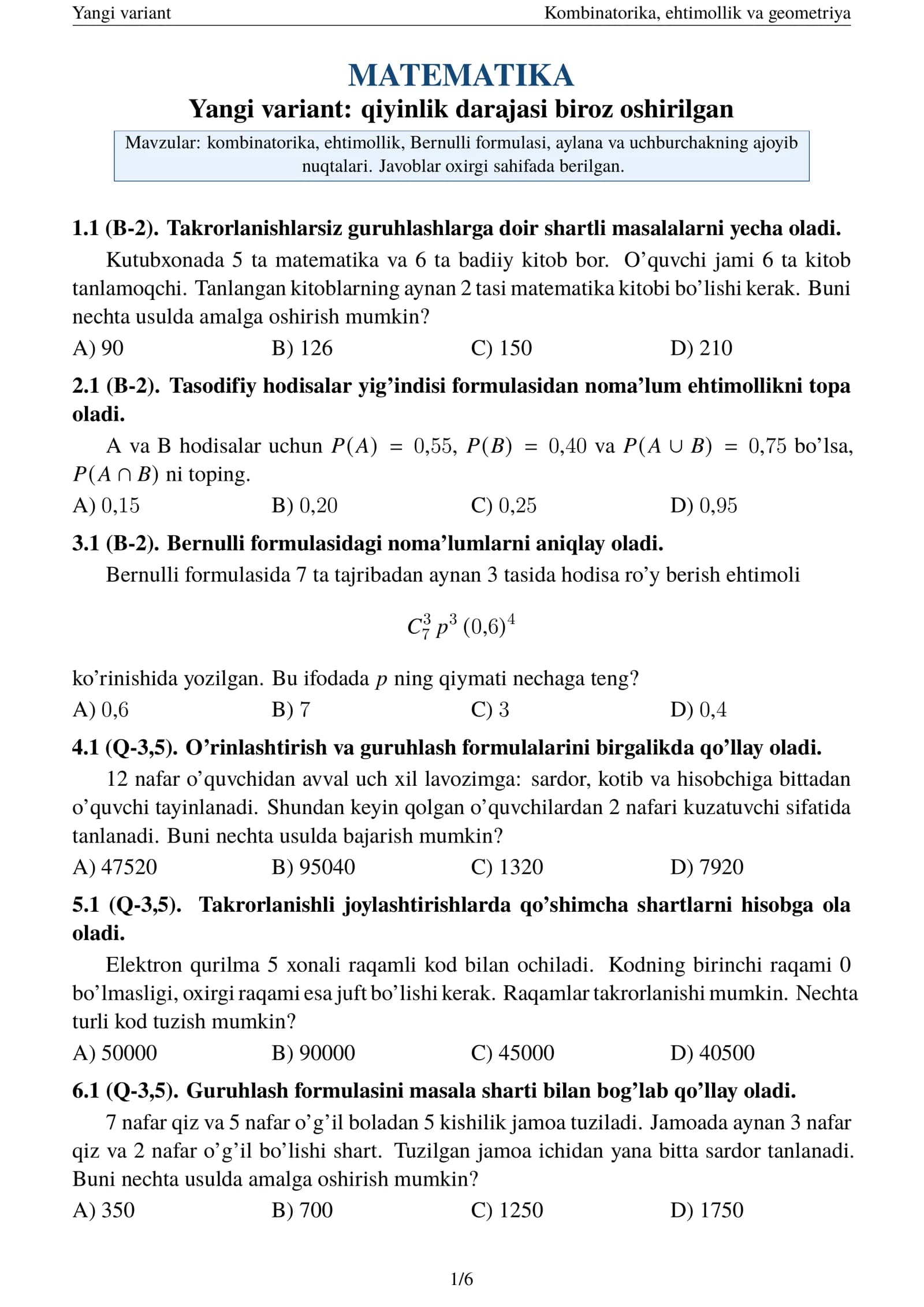 Kombinatorika, ehtimollik va geometriya