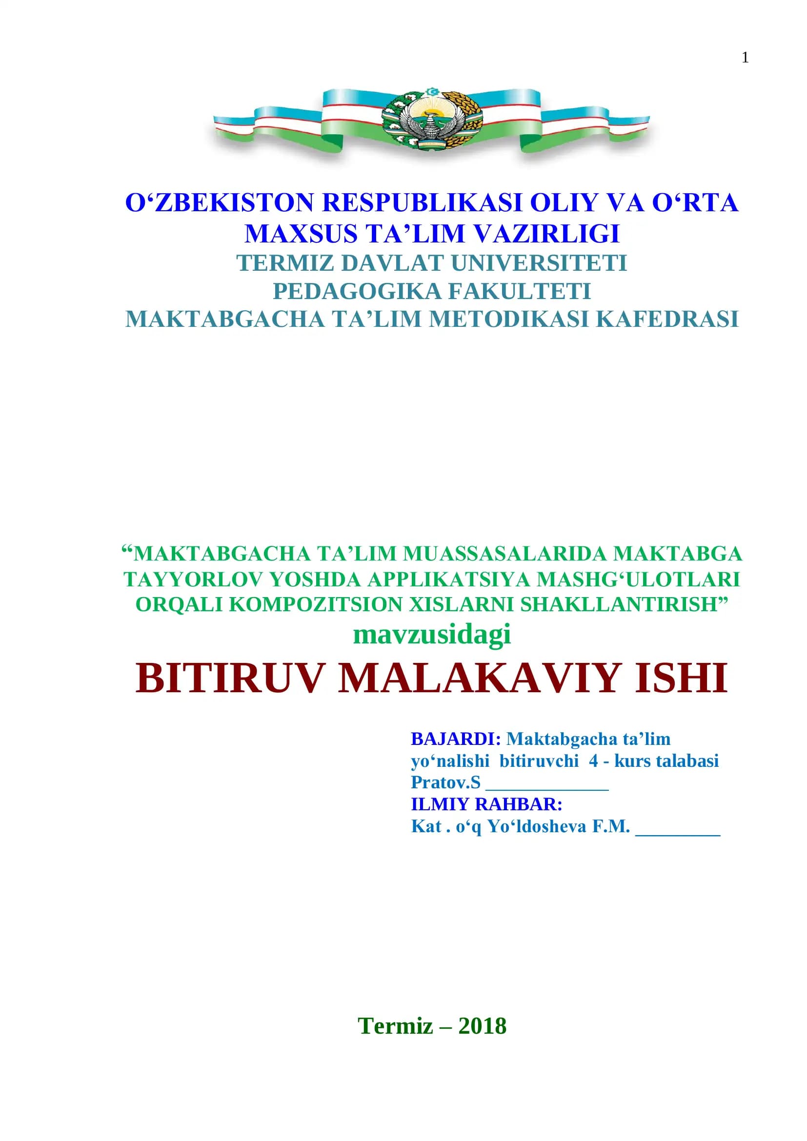 Maktabgacha ta’lim muassasalarida maktabga tayyorlov yoshda applikatsiya mashg‘ulotlari orqali kompozitsion xislatni shakllantirish