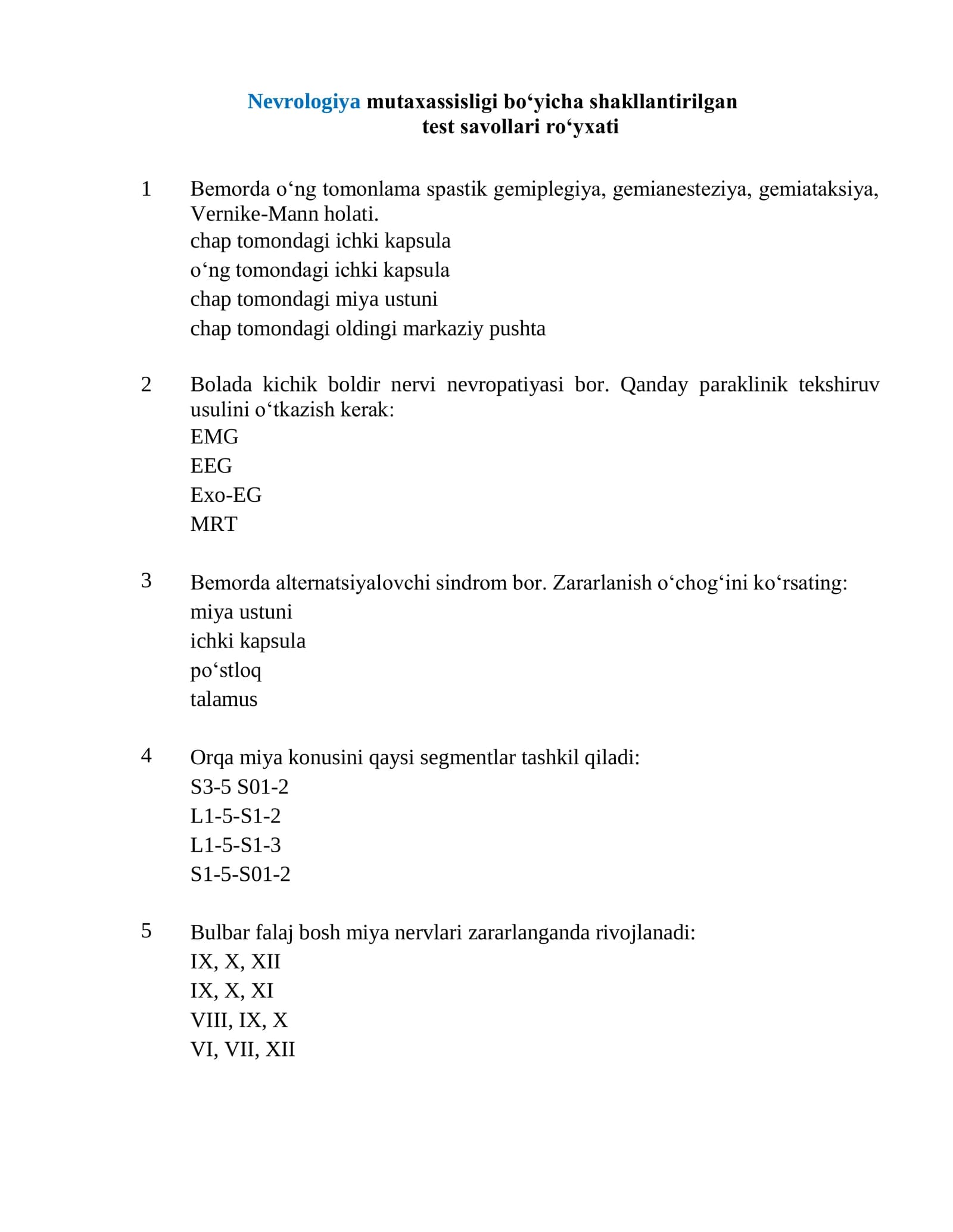 Nevrologiya mutaxassisligi test  2026