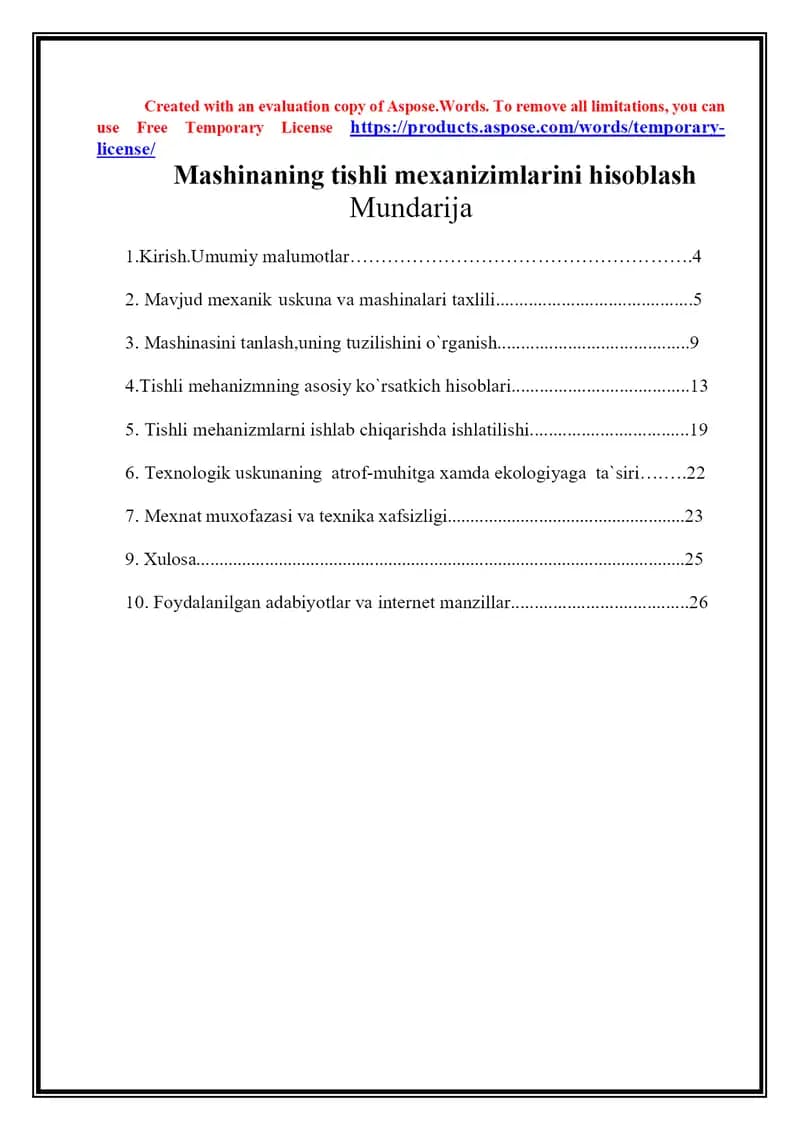 Mashinaning tishli mexanizimlarini hisoblash
