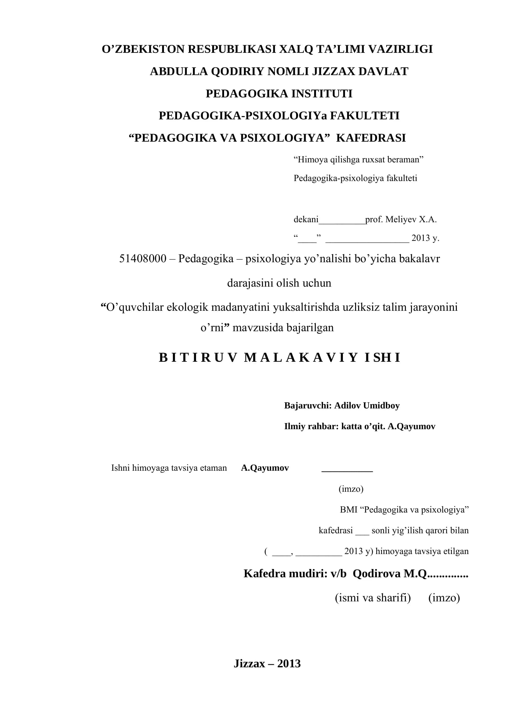O’quvchilarini talim jarayjinda ekologik madanyatini oshirishning nazariy asoslari