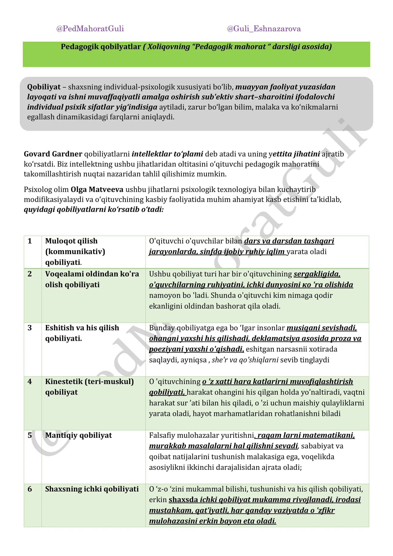 Pedagogik qobilyatlar (Xoliqovning "Pedagogik mahorat" darsligi asosida)