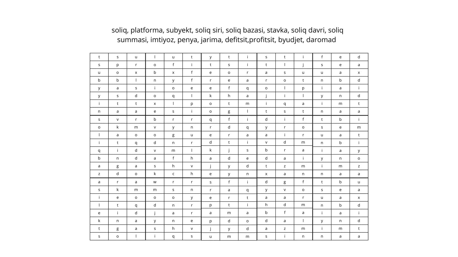 soliq, platforma, subyekt, soliq siri, soliq bazasi, stavka, soliq davri, soliq summasi, imtiyoz, penya, jarima, defitsit,profitsit, byudjet, daromad