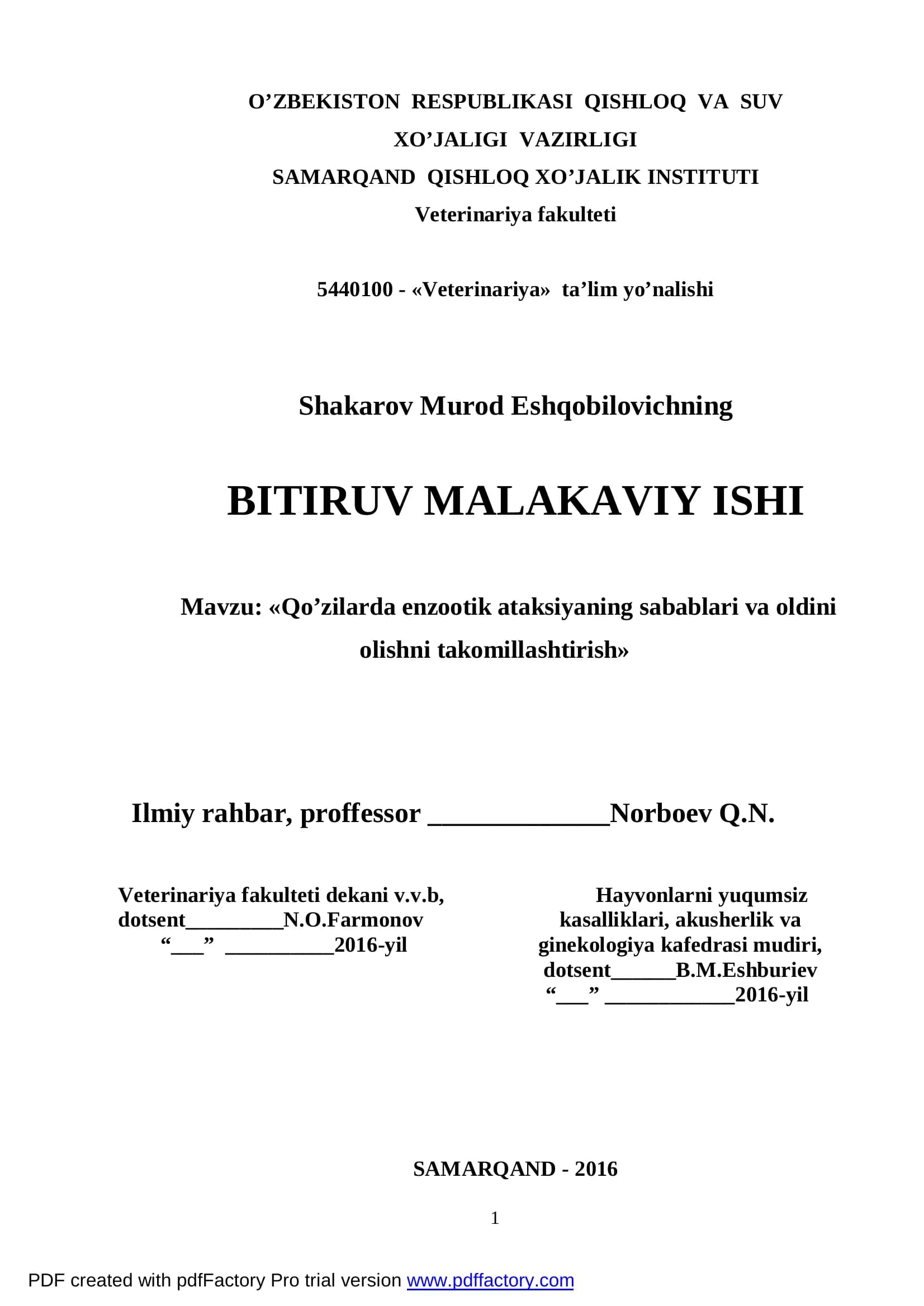 Qo’zilarda enzootik ataksiyaning sabablari va oldini olishni takomillashtirish