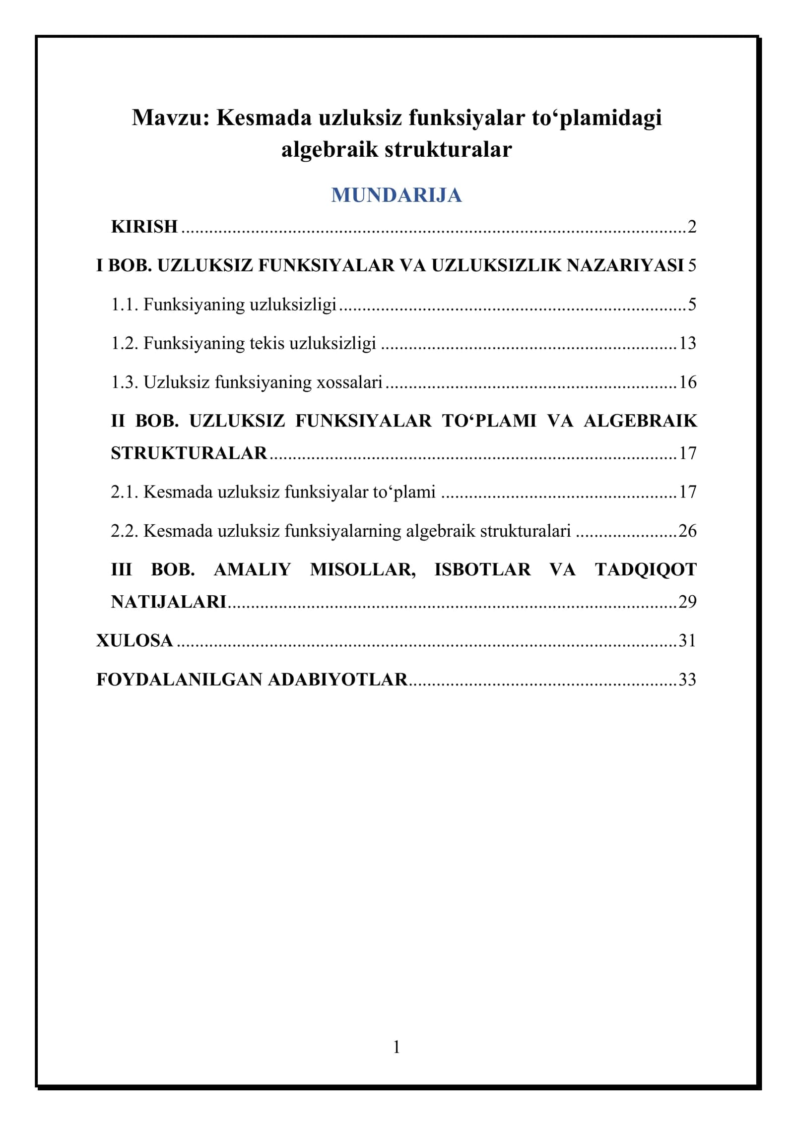 Kesmada uzluksiz funksiyalar to‘plamidagi algebraik strukturalar