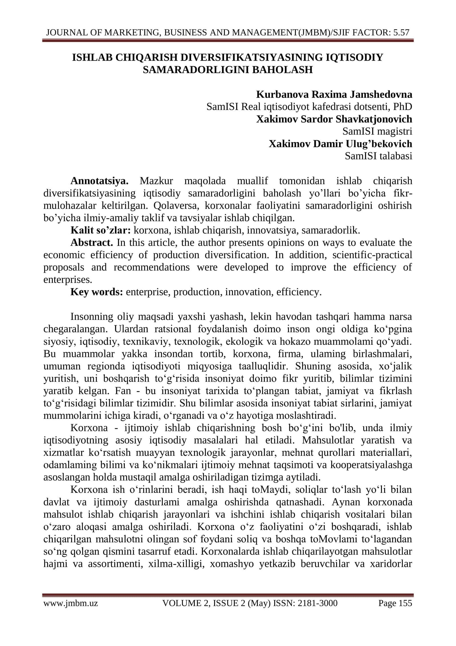 Ishlab chiqarish diversifikatsiyasining iqtisodiy samaradorligini baholash