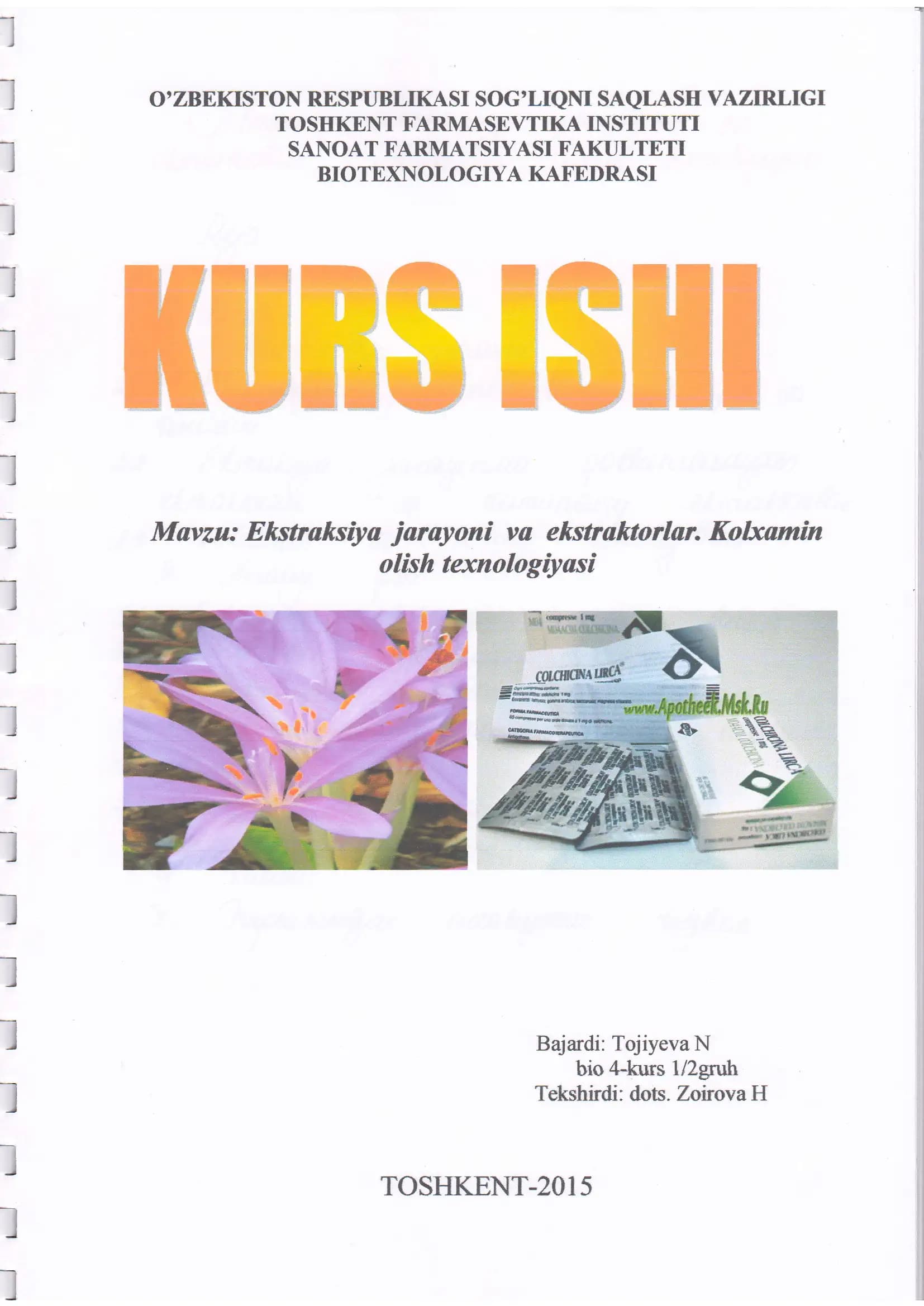 Ehstraksiya jarayoni vu ekstrahtorlan Kolxamin olish texnologiyasi