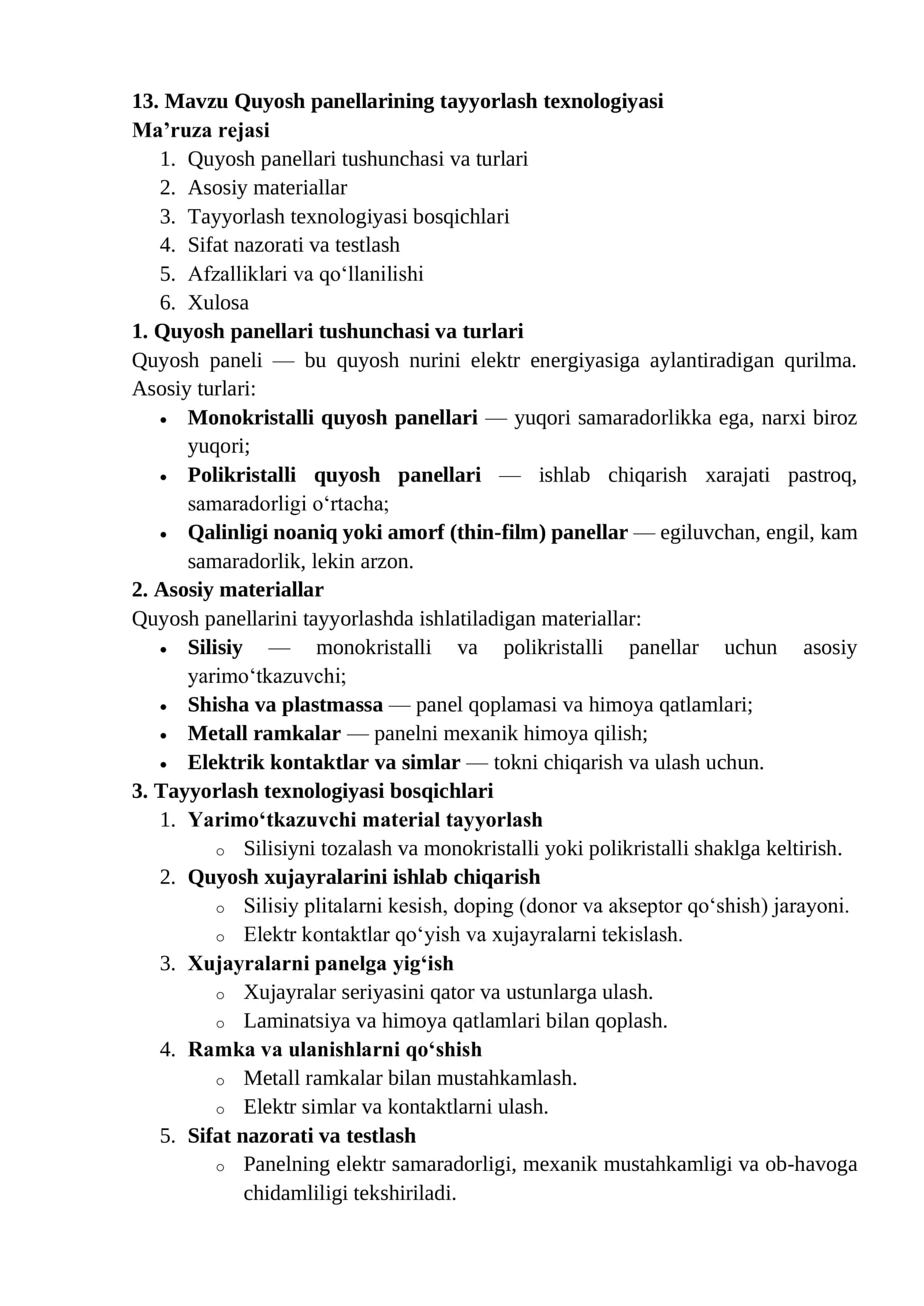 Quyosh panellarining tayyorlash texnologiyasi
