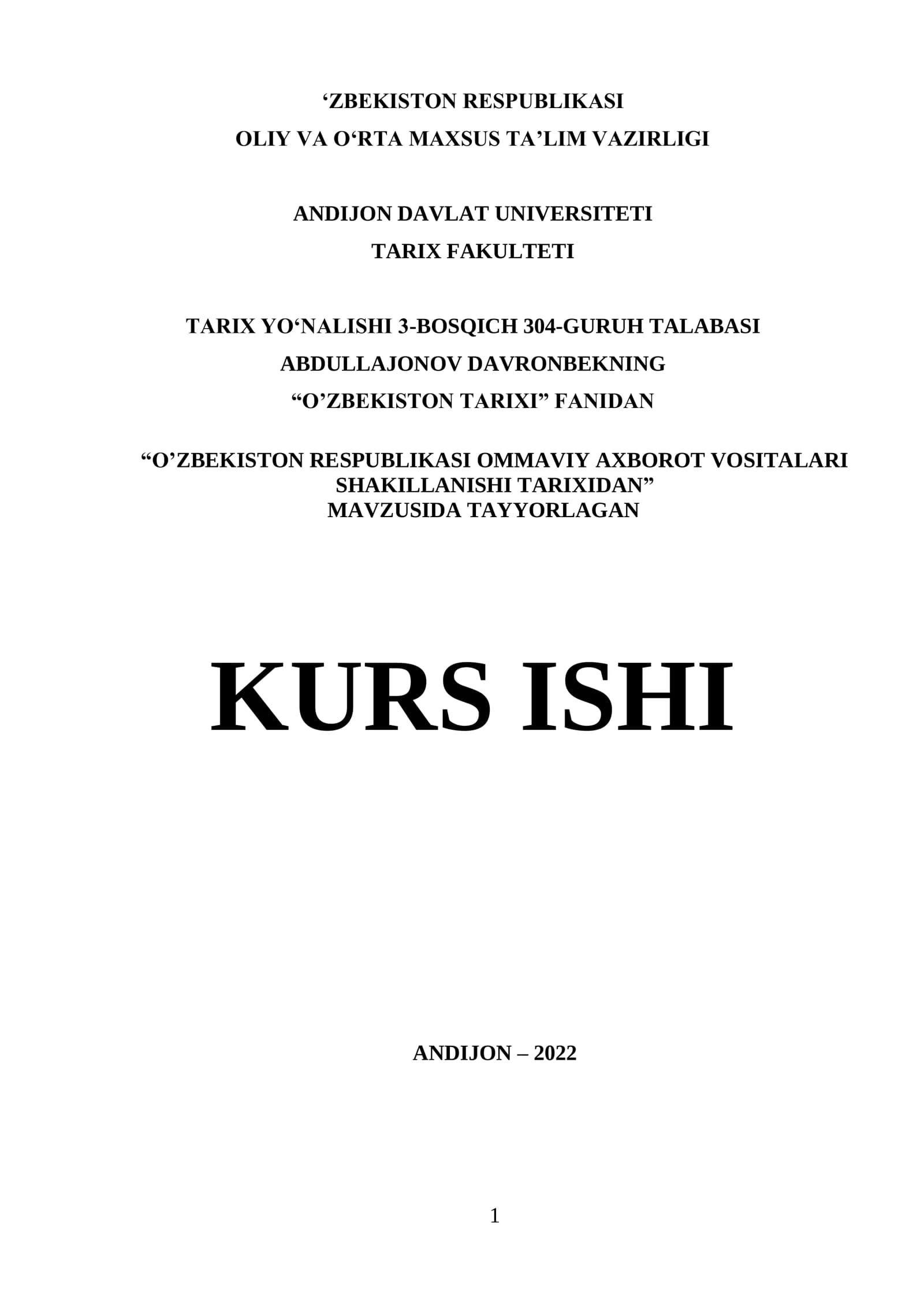 O‘ZBEKISTON RESPUBLIKASI OMMAVIY AXBOROT VOSITALARI SHAKILLANISHI TARIXIDAN