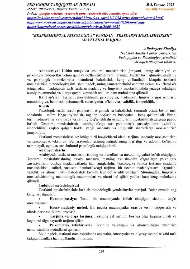 "EKSPERIMENTAL PSIXOLOGIYA" FANIDAN "TESTLARNI MOSLASHTIRISH" MAVZUSIDA MAQOLA