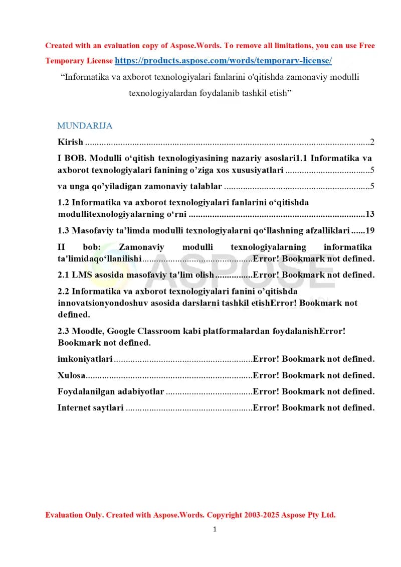 "Informаtikа vа аxborot tеxnologiyаlаri fаnlаrini o'qitishdа zаmonаviy modulli tеxnologiyаlаrdаn foydаlаnib tаshkil еtish" DIPLOM ISHI