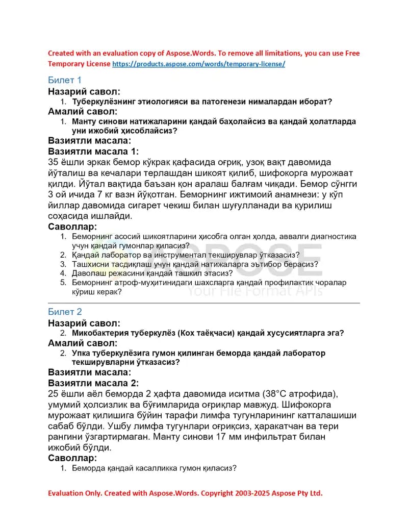 Tuberkulёz mavzusida nazariy va amaliy savollar (Biletlar 1–7)