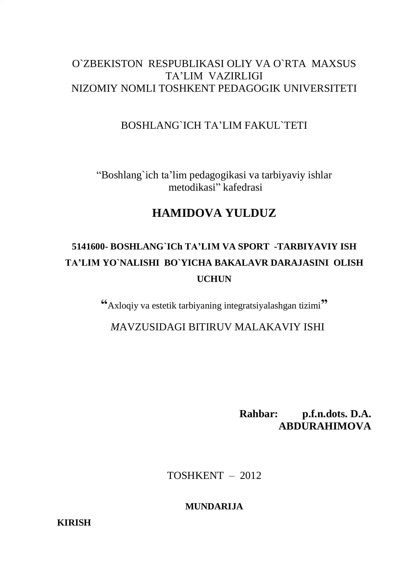 "Axloqiy va estetik tarbiyaning integratsiyalashgan tizimi"