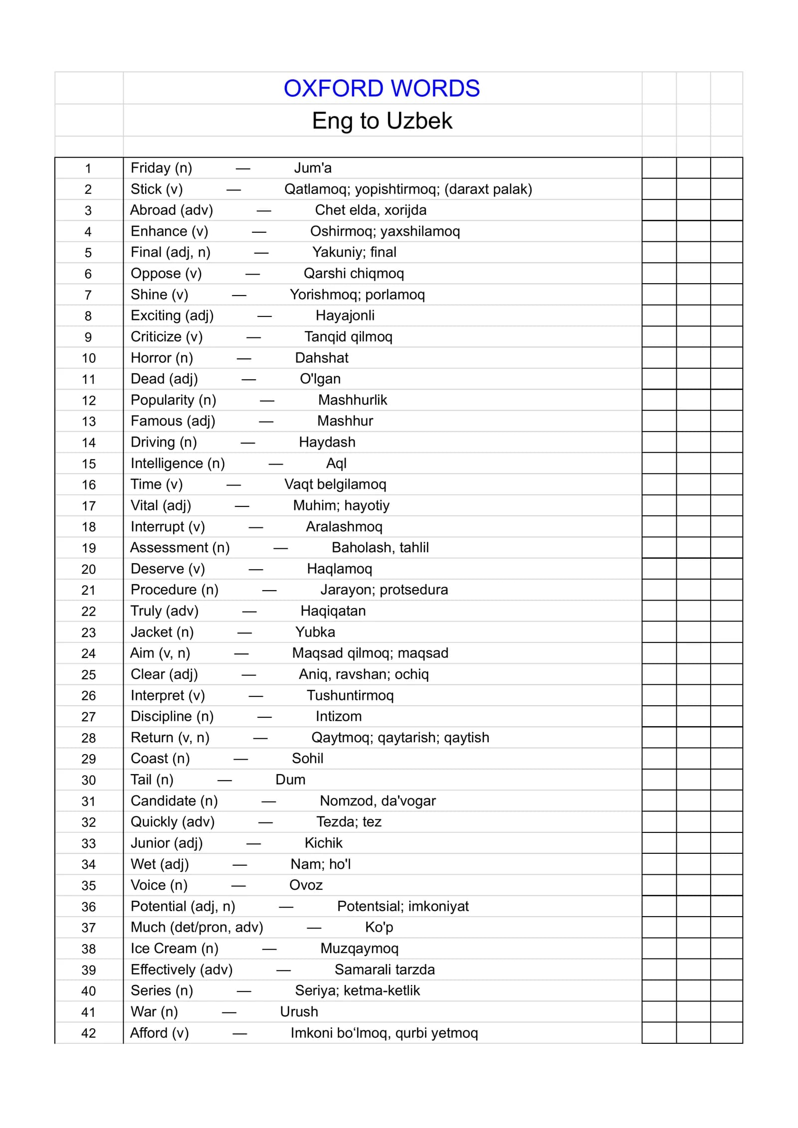 OXFORD WORDS IN UZBEK 3000