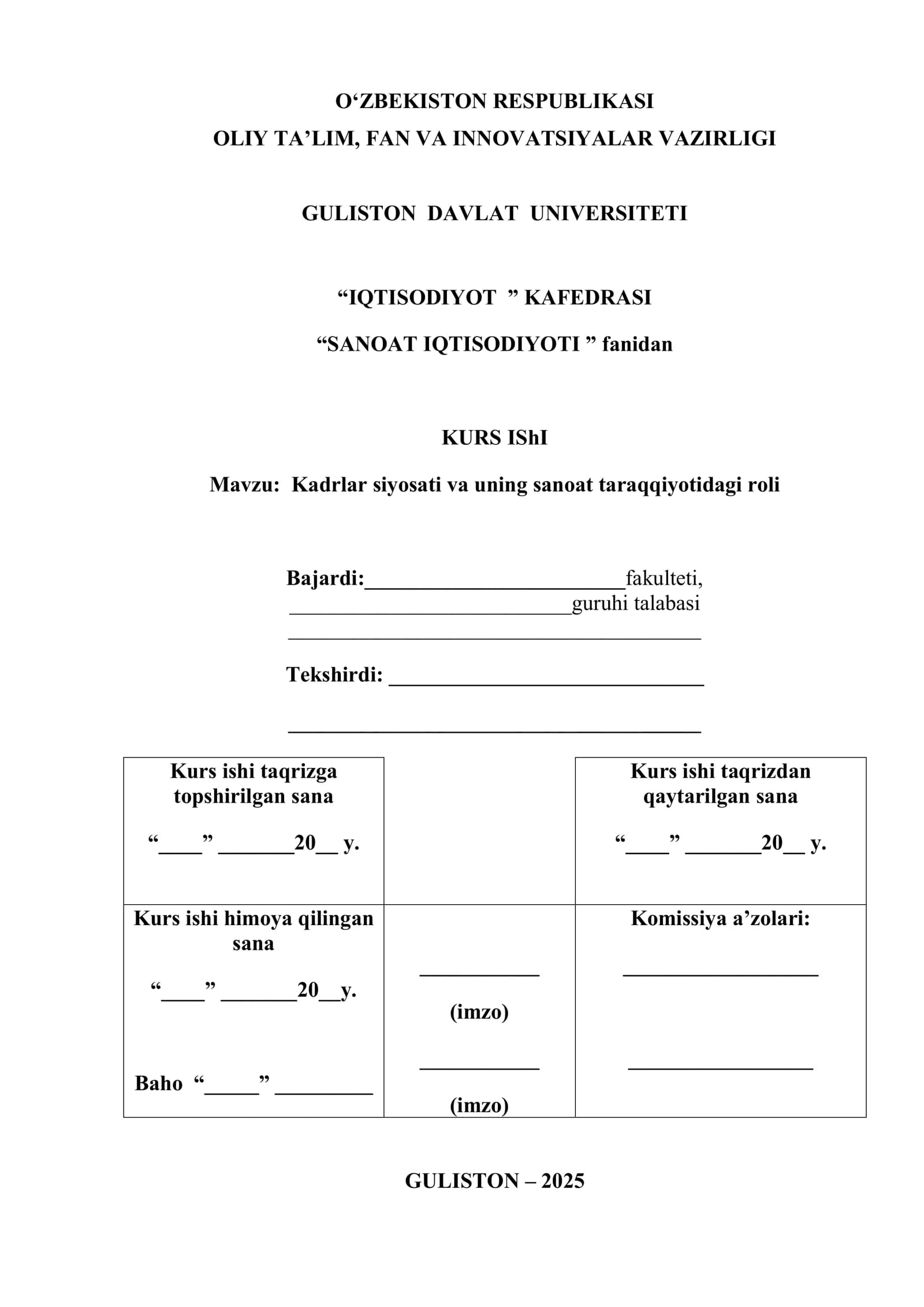 IQTISODIYOT KAFEDRASI KURS ISHI