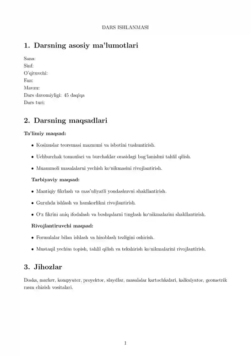 Kosinuslar teoremasi ( Dars ishlanmasi )