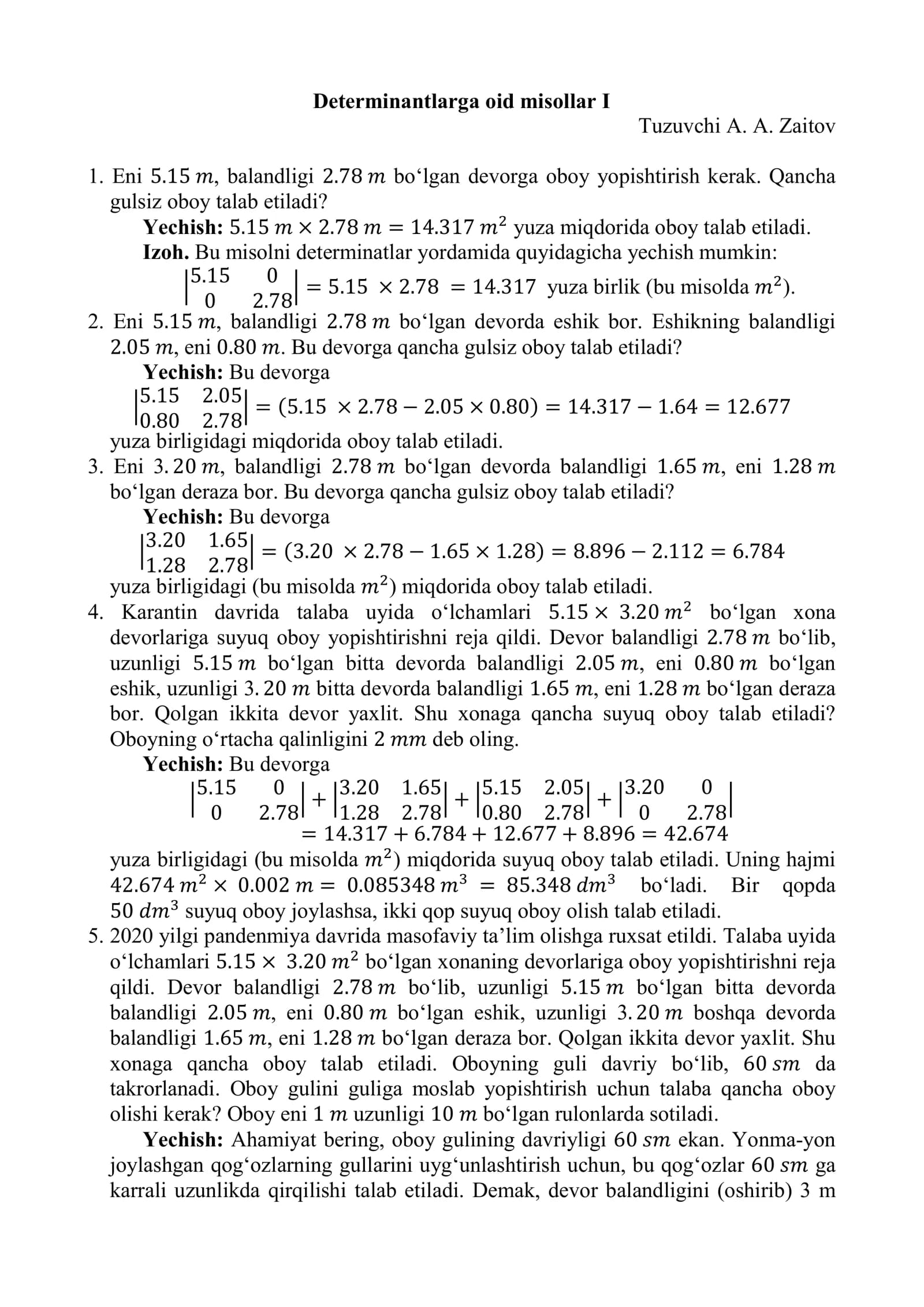 Determinantlarga oid misollar I