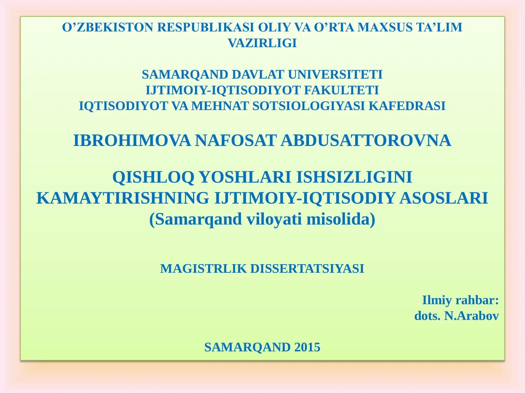 QISHLOQ YOSHLARI ISHSIZLIGINI KAMAYTIRISHNING IJTIMOIY-IQTISODIY ASOSLARI