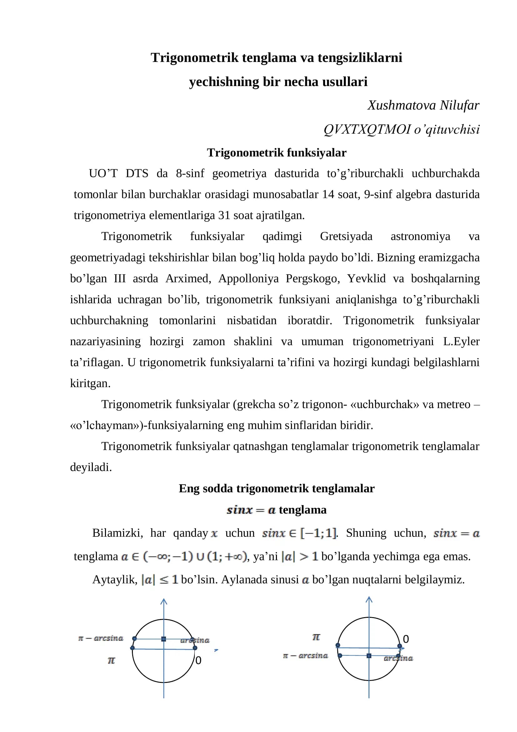 Trigonometrik tenglama va tengsizliklarni yechishning bir necha usullari