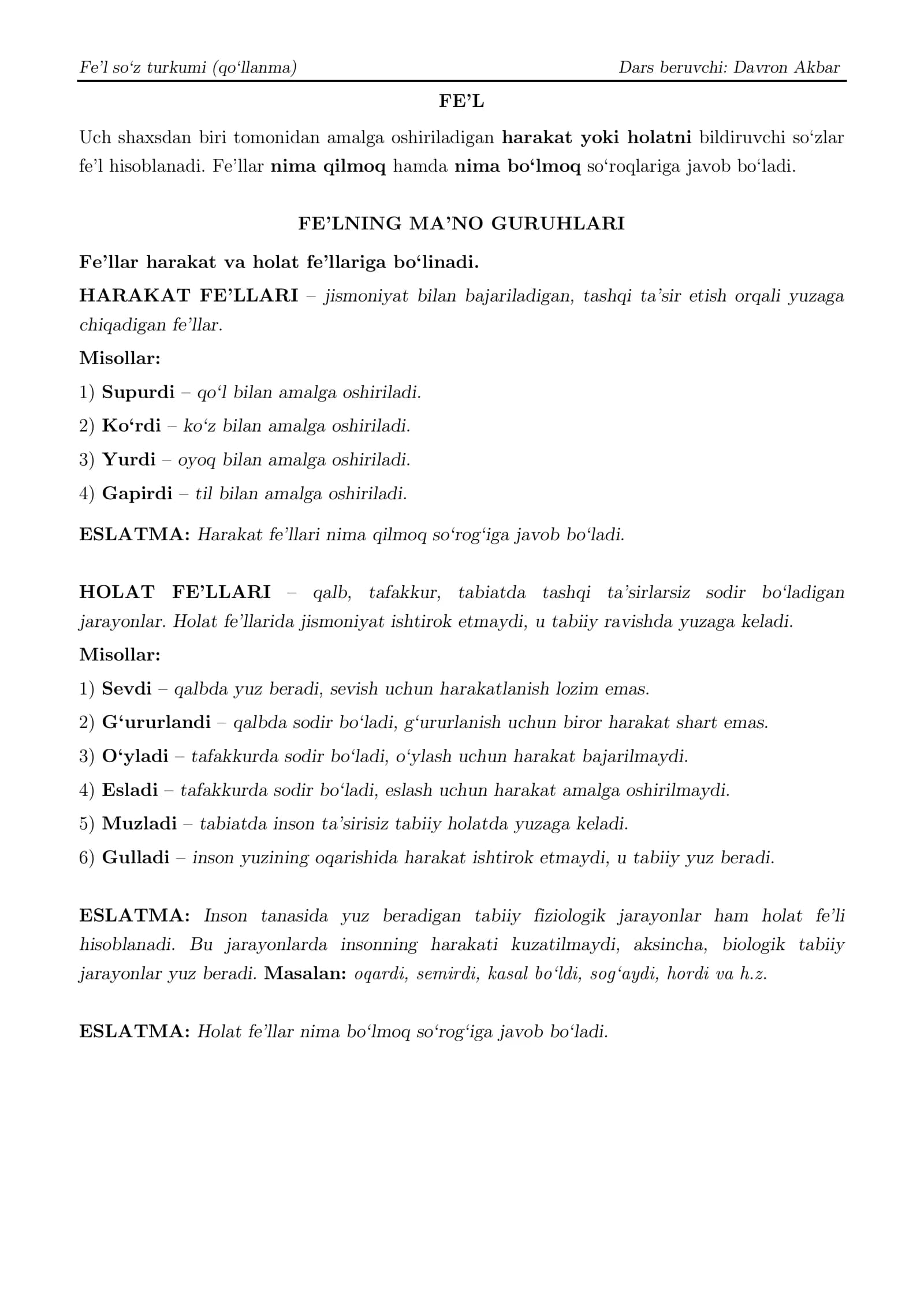 Fe'l so'z turkumi (qo'llanma)