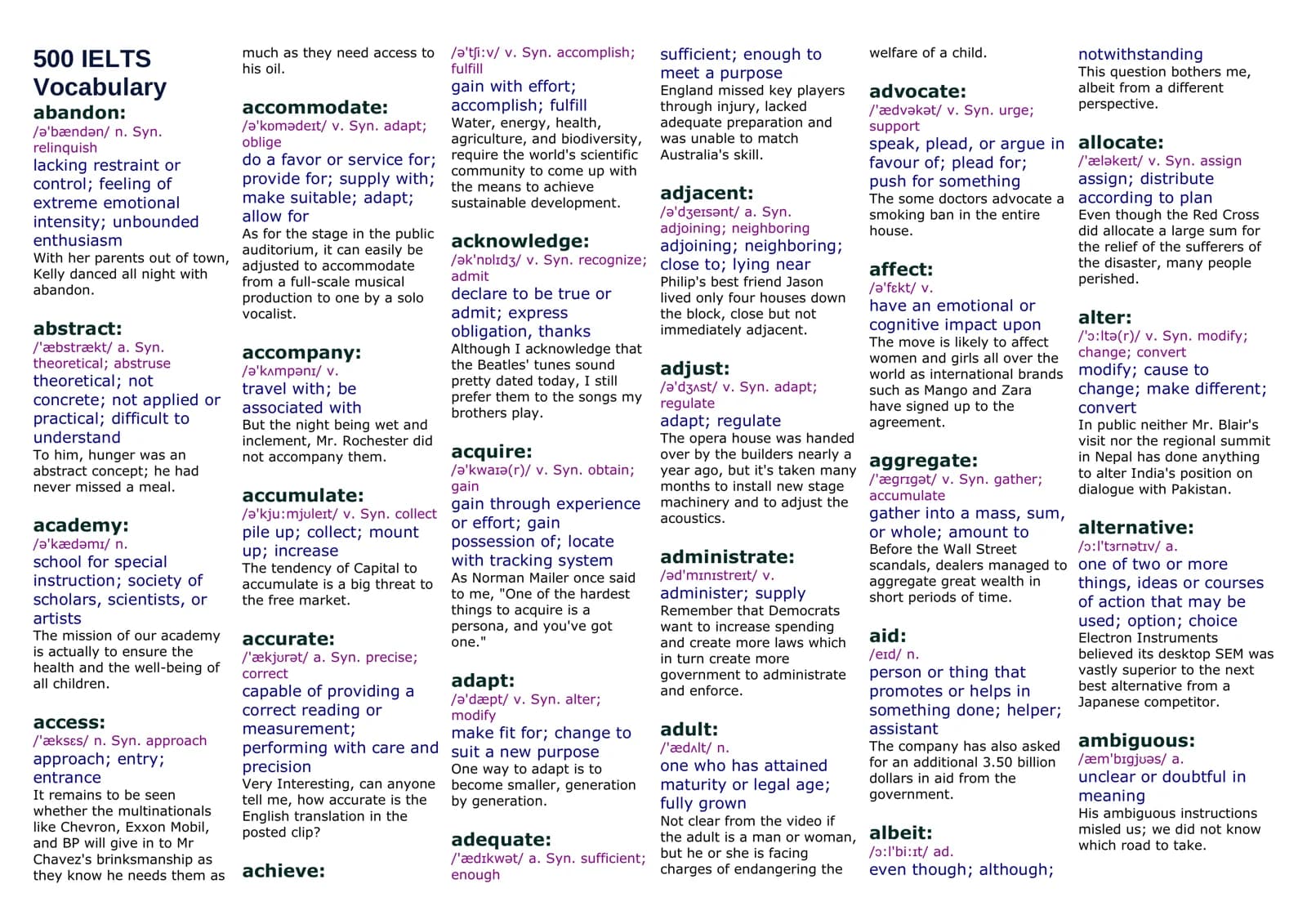 IELTS da eng ko'p qo'llaniladigan 500 ta words