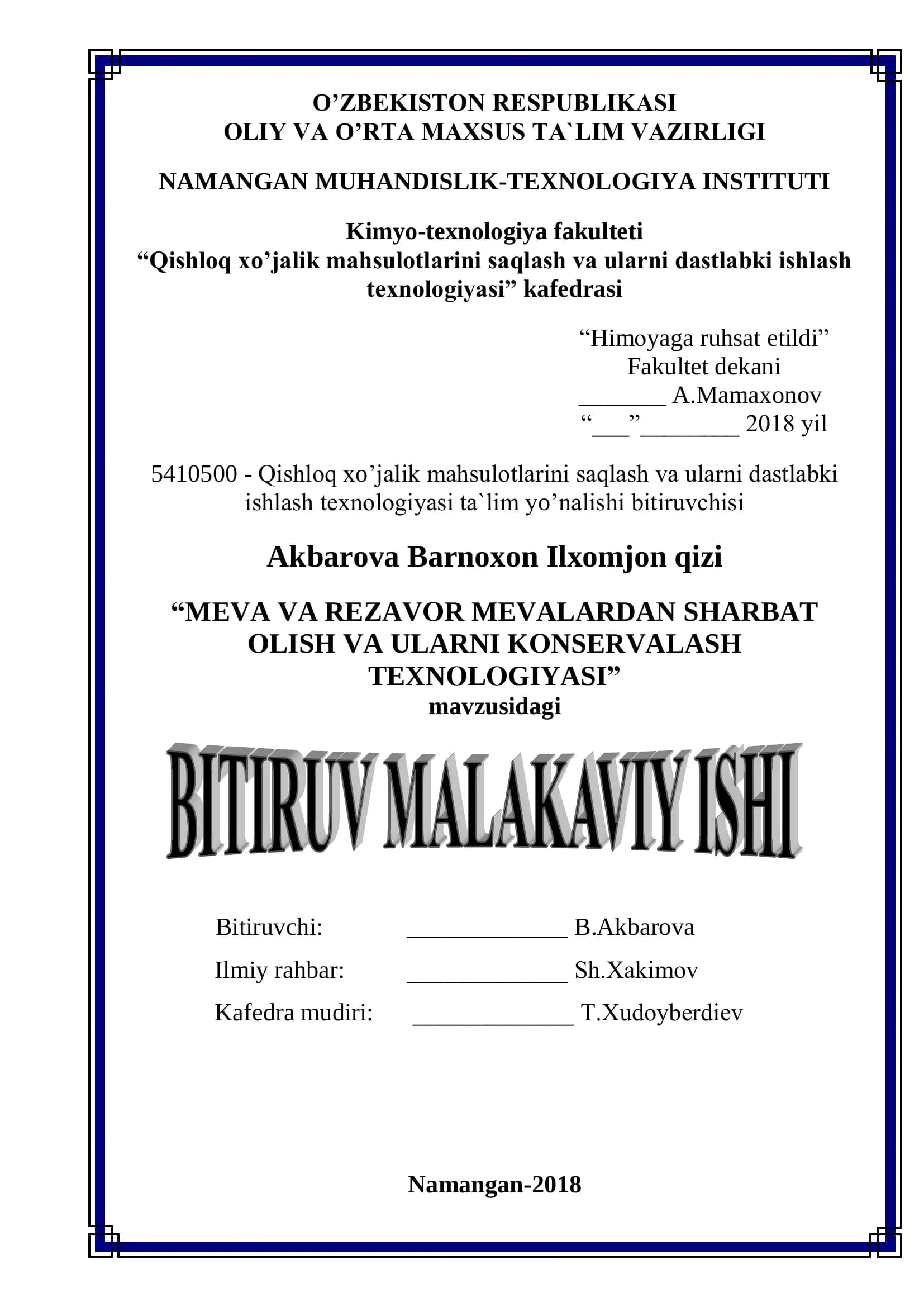 MEVA VA REZAVOR MEVALARDAN SHARBAT OLISH VA ULARNI KONSERVALASH TEXNOLOGIYASI