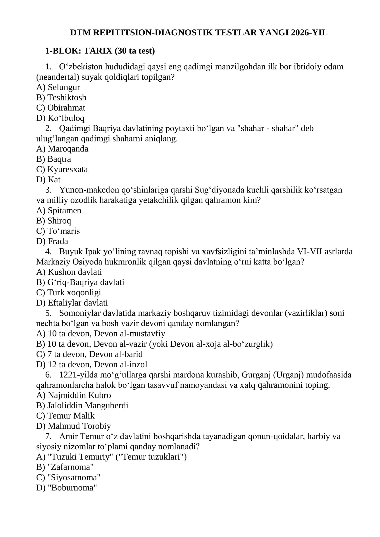 DTM REPITITSION-DIAGNOSTIK TESTLAR YANGI 2026-YIL TARIX-DAVLAt VA HUQUQ ASOSLARI