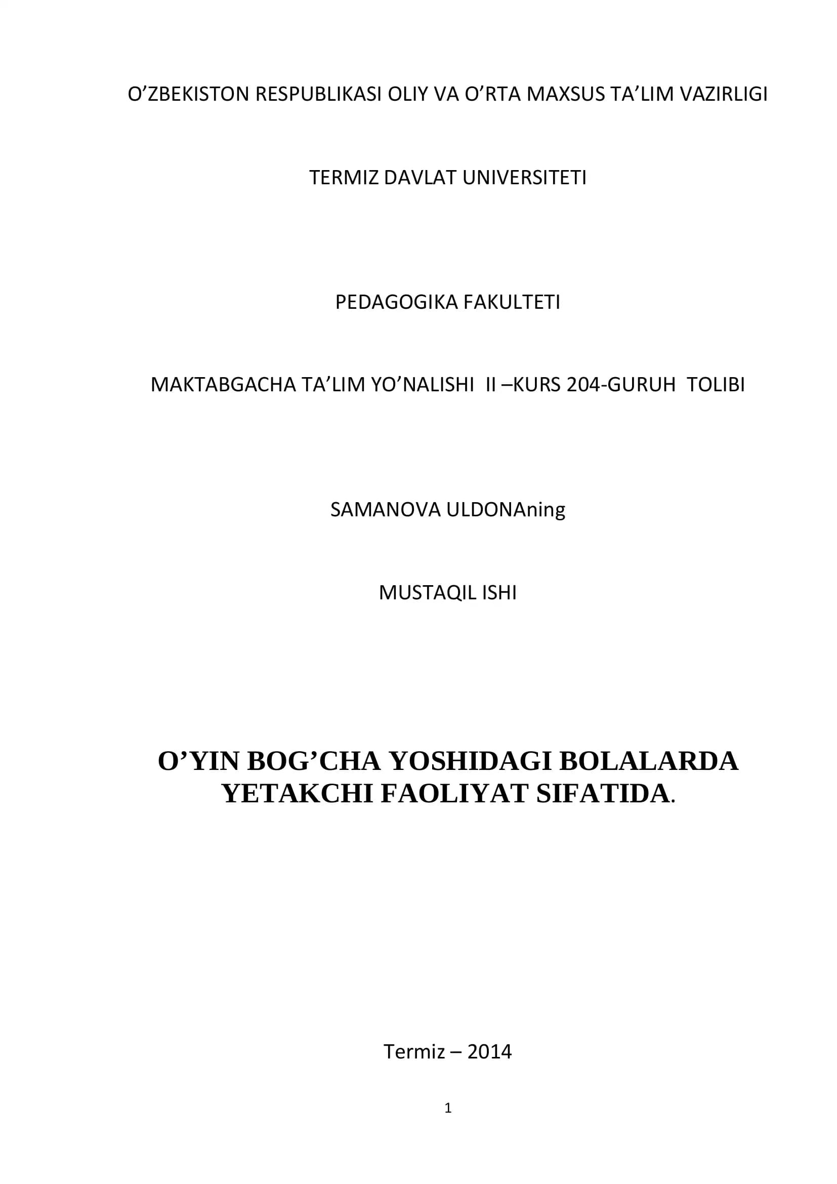O’yin bog’cha yoshidagi bolalarda yetakchi faoliyat sifatida