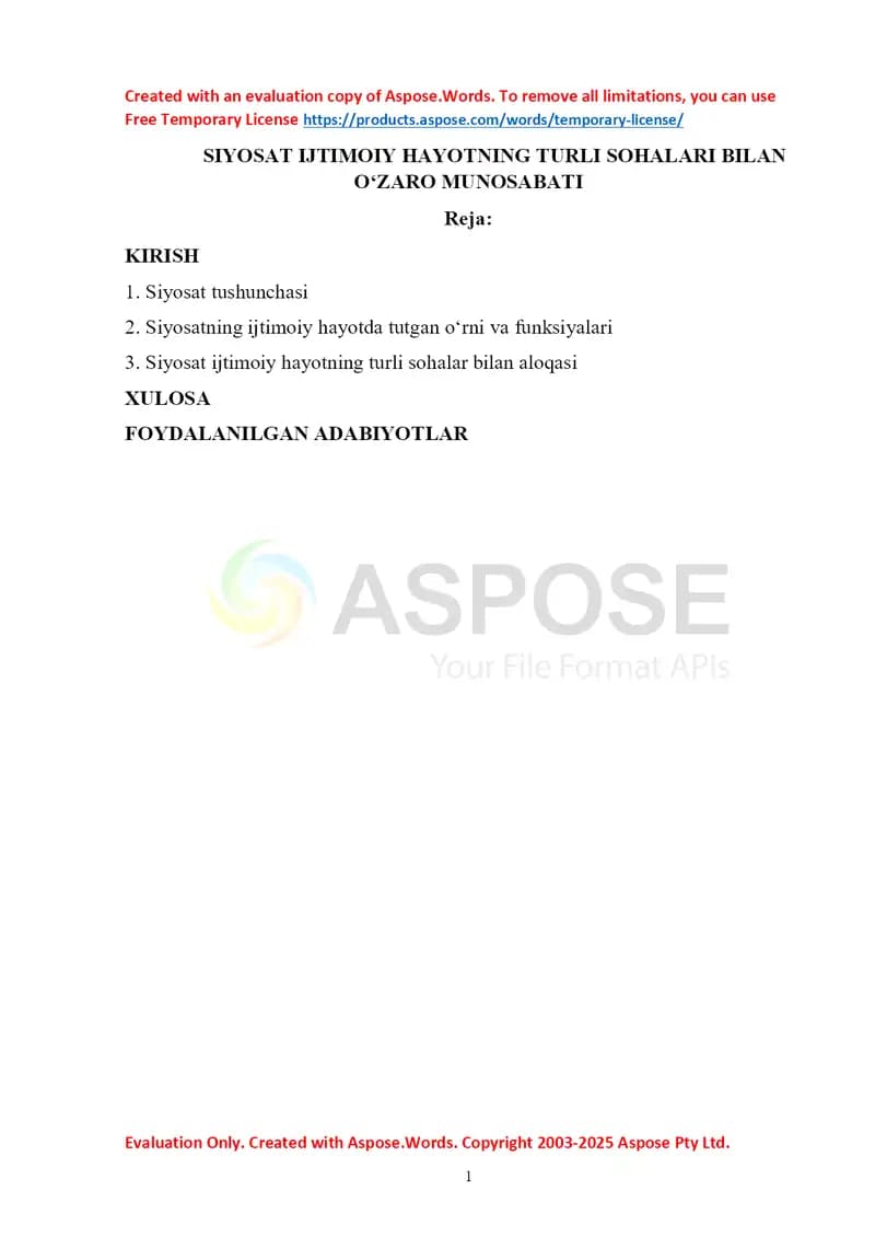 Referat+test «Siyosat ijtimoiy hayotning turli sohalari bilan o‘zaro munosabati»
