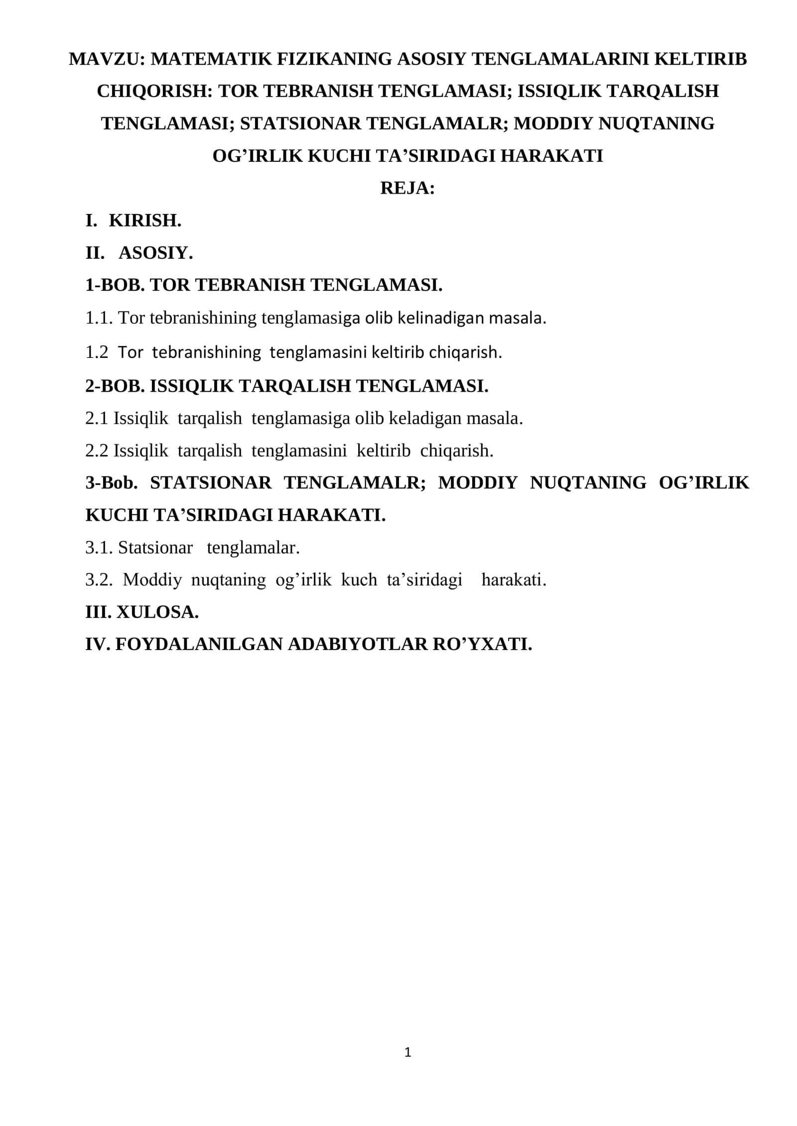 MATEMATIK FIZIKANING ASOSIY TENGLAMALARINI KELTIRIB CHIQORISH