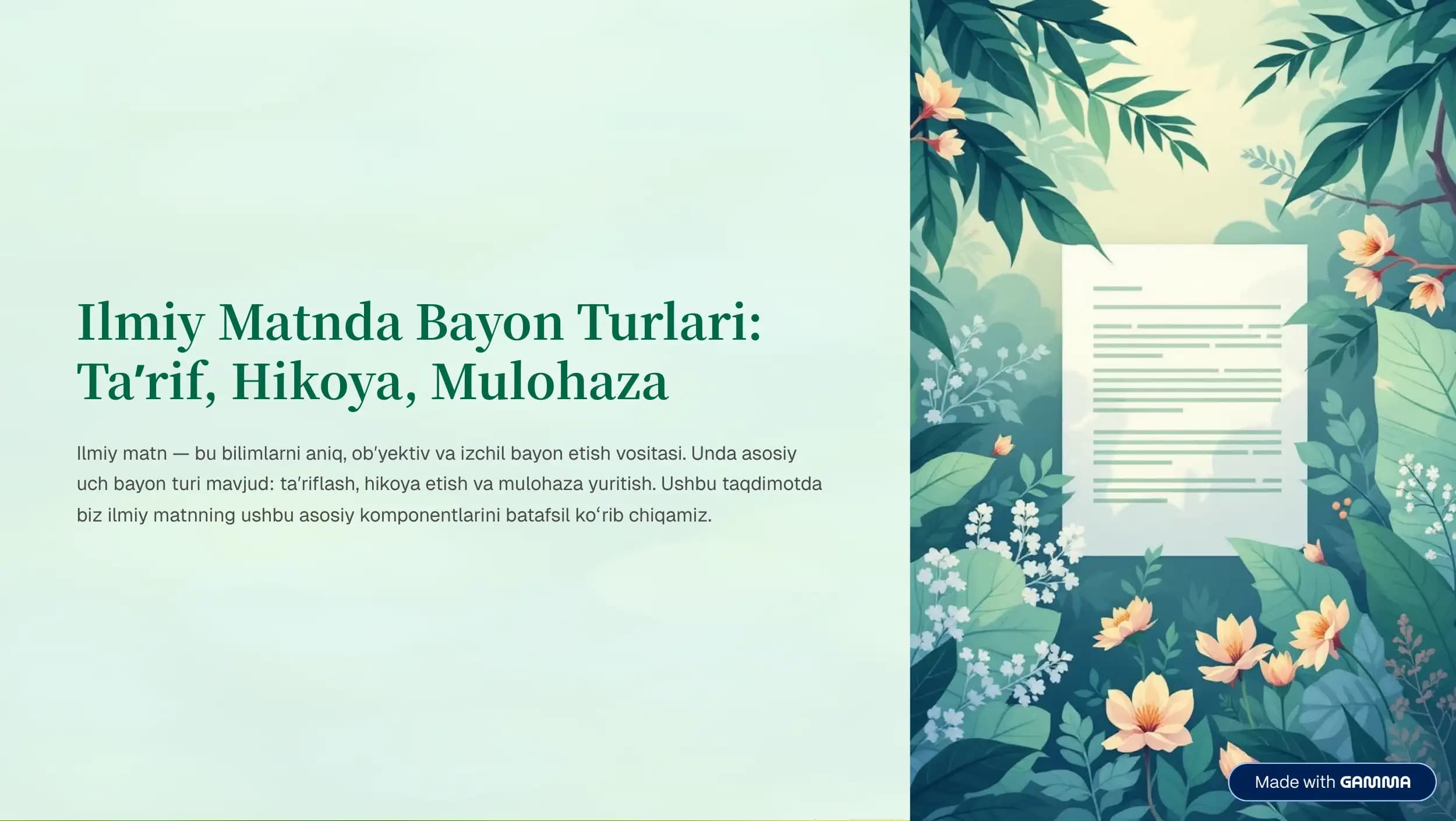 Ilmiy Matnda Bayon Turlari: Ta¾rif, Hikoya, Mulohaza