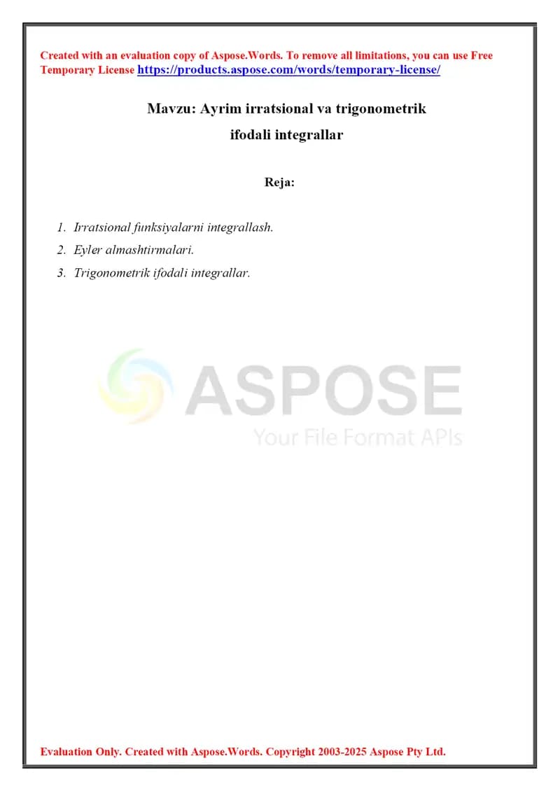 Ayrim irratsional va trigonometrik ifodali intеgrallar