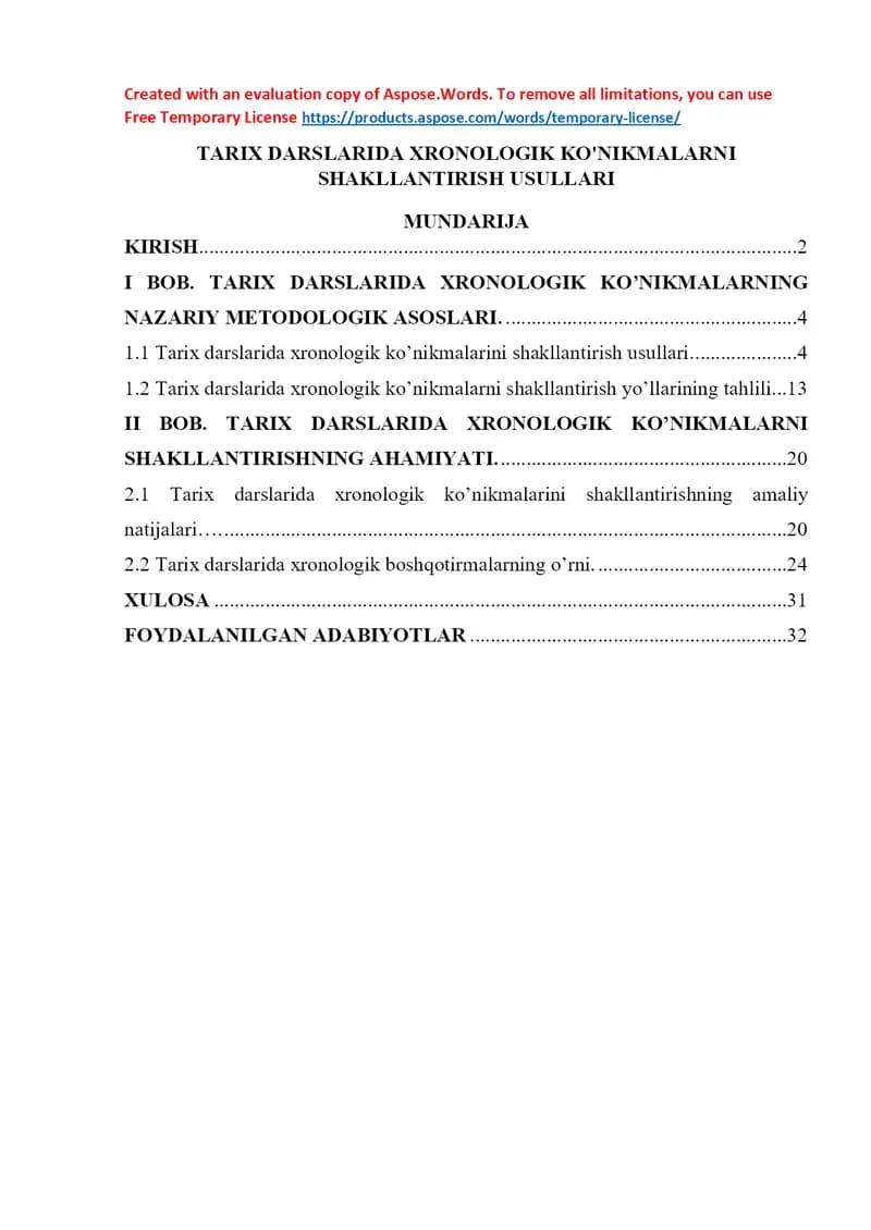 TARIX DARSLARIDA XRONOLOGIK KO'NIKMALARNI SHAKLLANTIRISH USULLARI